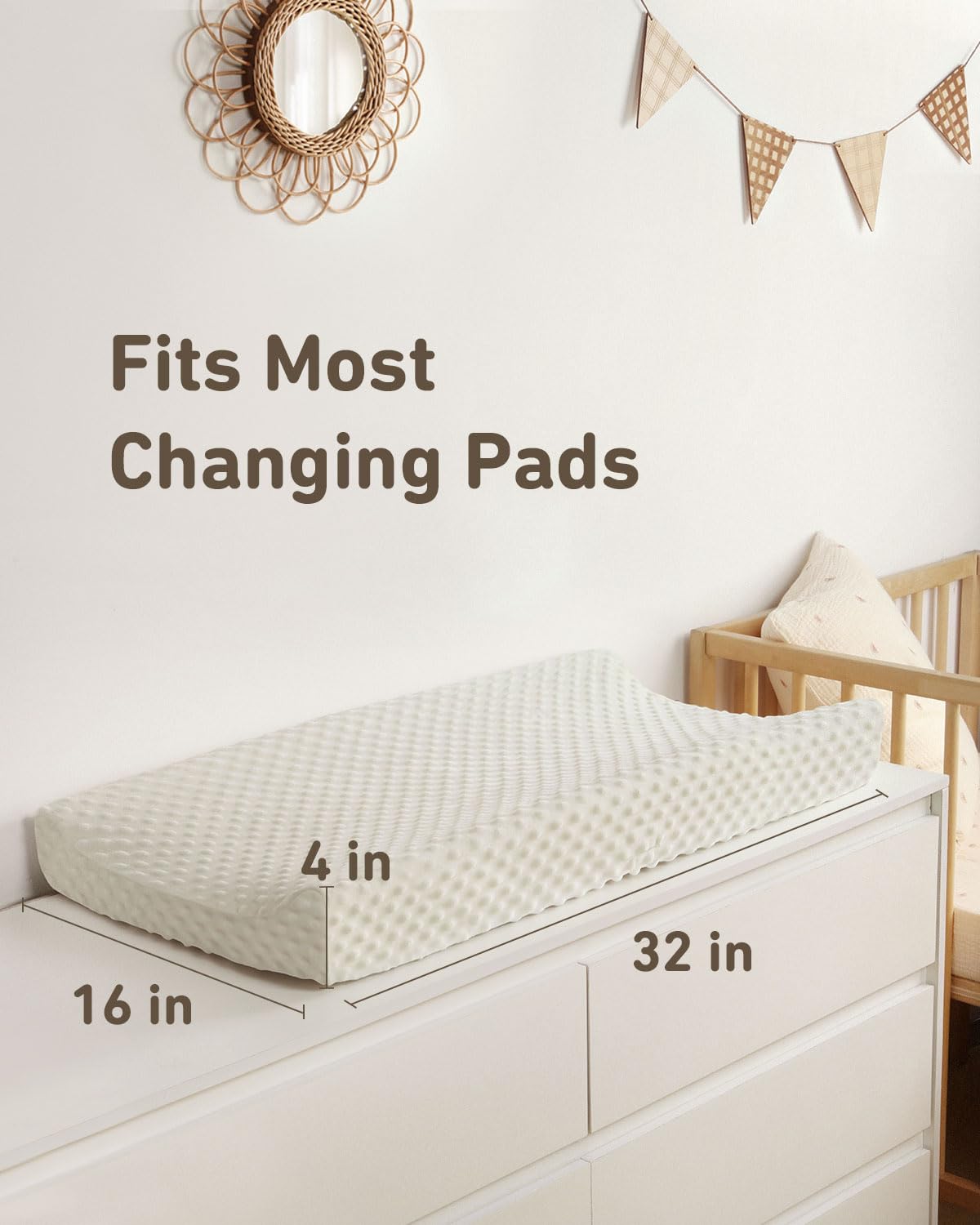 Babebay changing pad cover fits most pads up to 32x16 with snug elastic edges.