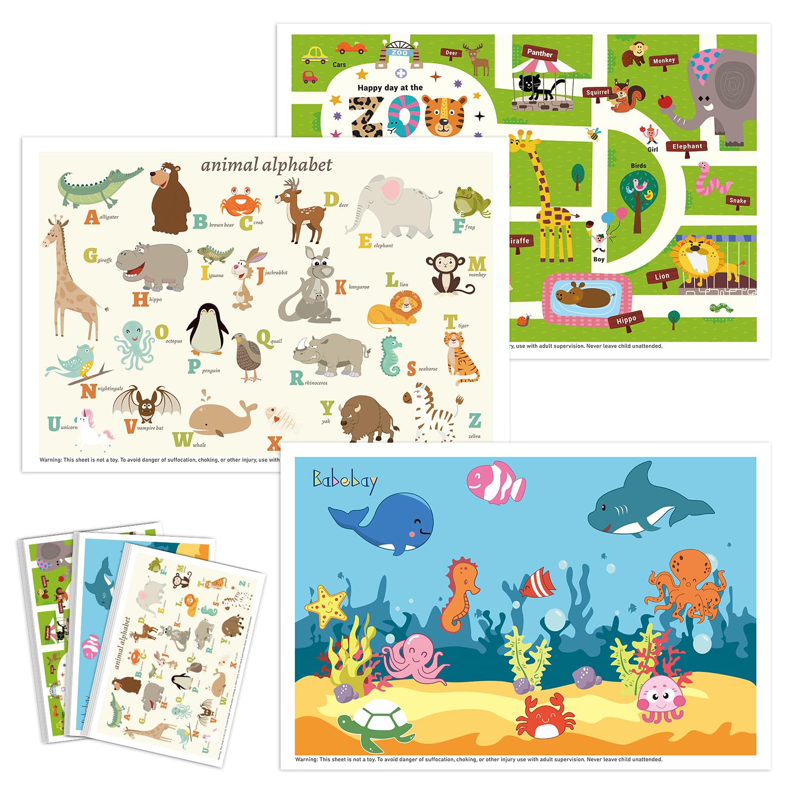 Babebay disposable placemats with animal-design provide a mess-free mealtime surface.