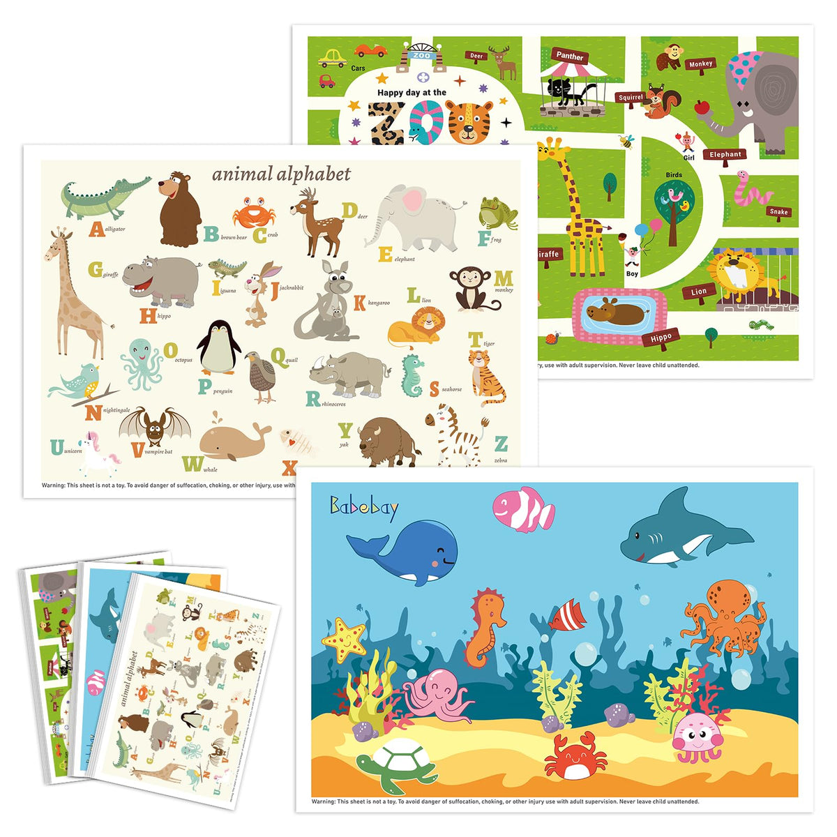 Babebay disposable placemats with animal-design provide a mess-free mealtime surface.
