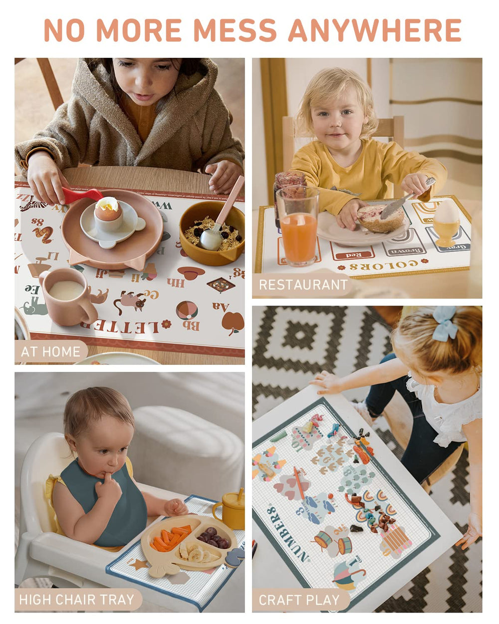 Babebay colorful designs on placemats engage kids during mealtime.