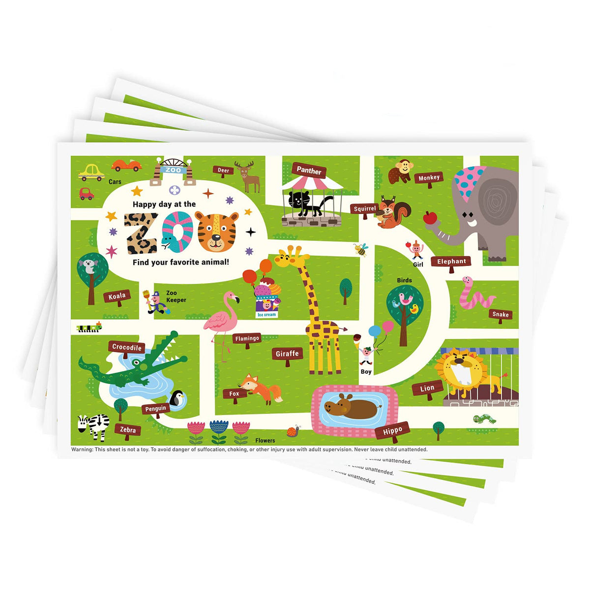 Babebay Happy Zoo placemat pack for family meals with colorful animals