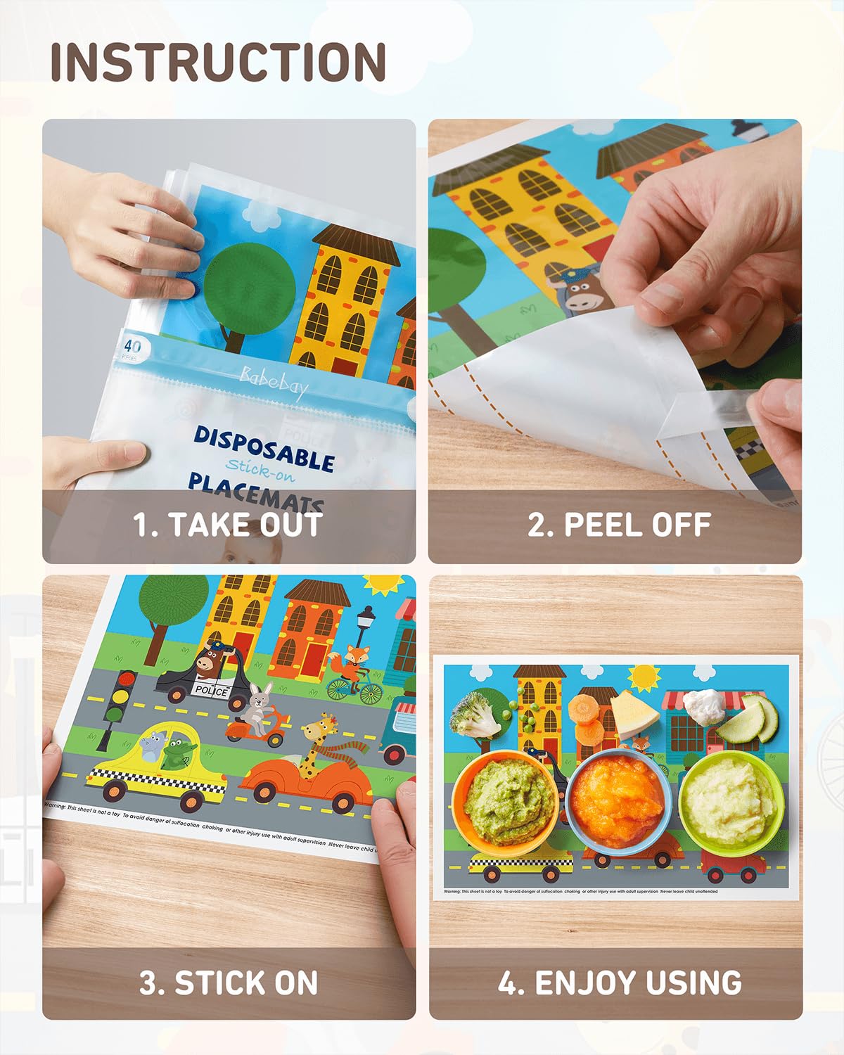 Babebay portable reusable pouch stores all 40 placemats for on-the-go meals