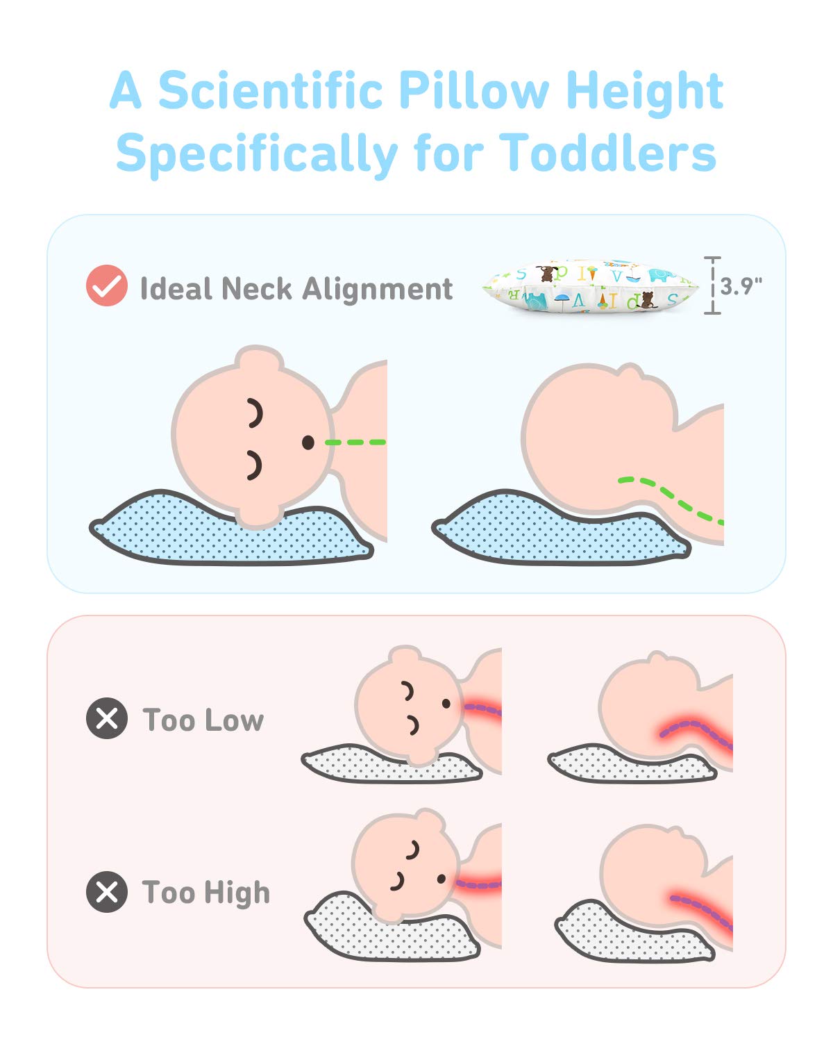 Babebay toddler pillow measures 13x18 inches for compact travel or nap time.