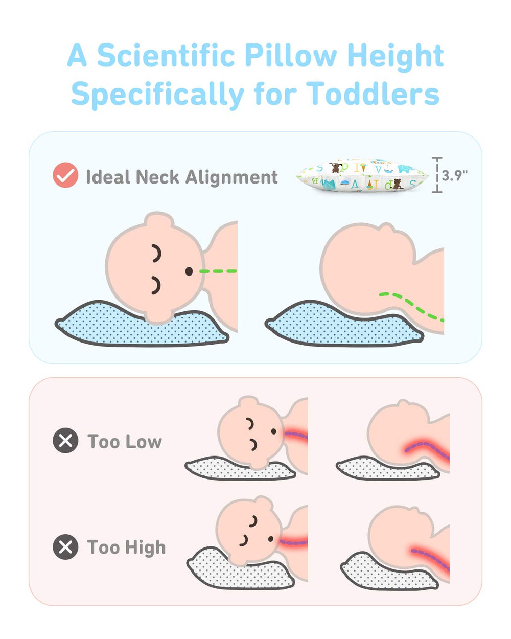 Babebay toddler pillow measures 13x18 inches for compact travel or nap time.