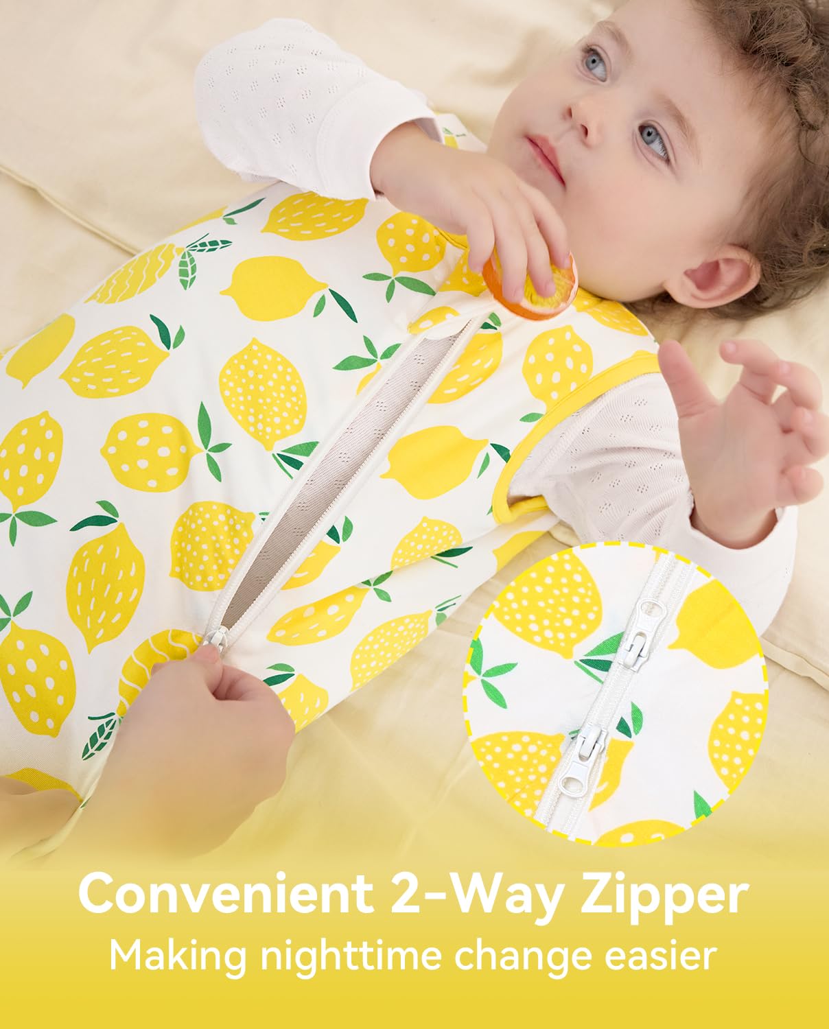 Babee Reshinee sleep sack featuring a 2-way zipper for easy diaper changes.