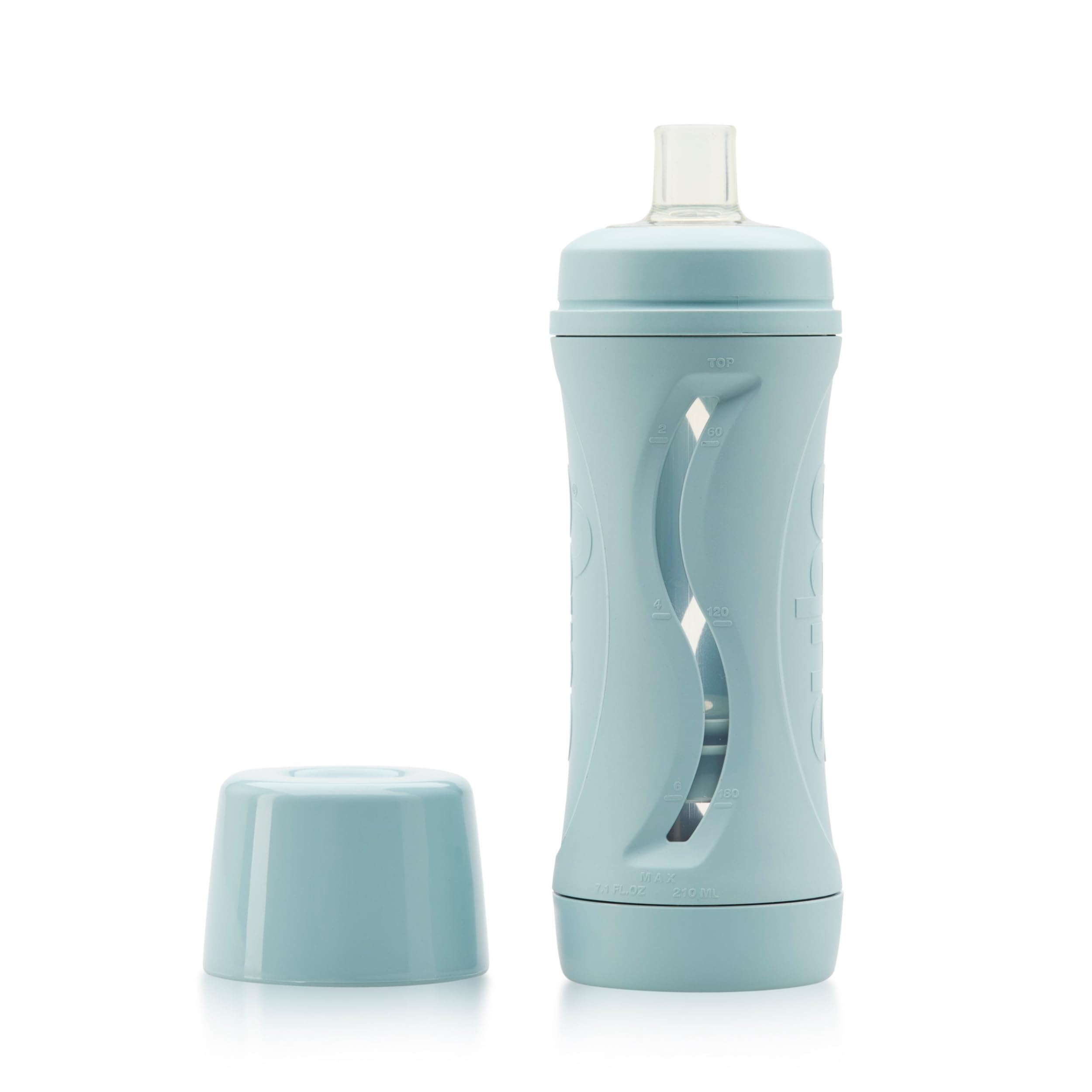 Babeehive Subo baby food bottle in duck egg blue, full view showcasing its compact design.