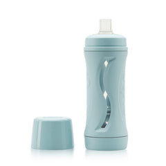 Babeehive Subo baby food bottle in duck egg blue, full view showcasing its compact design.