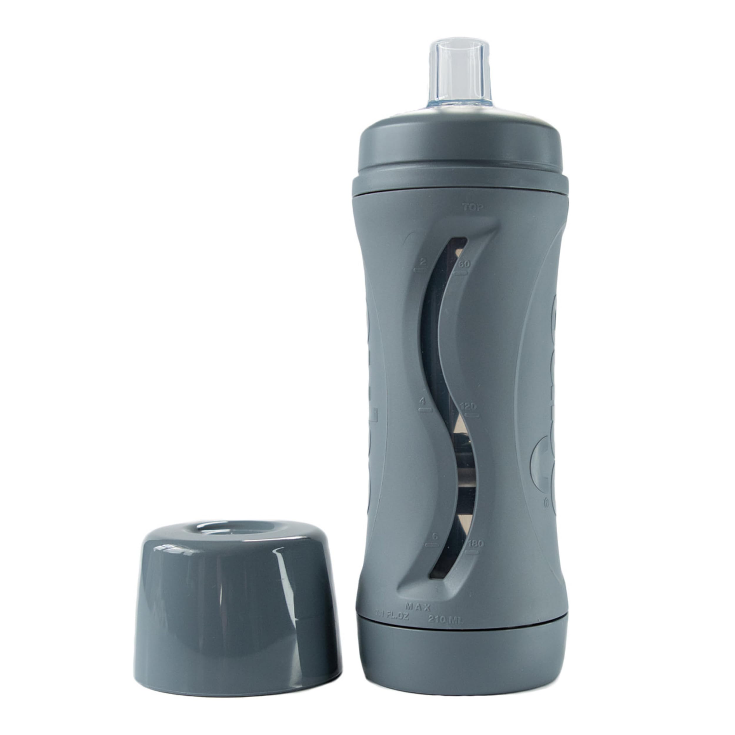 Subo baby food bottle front view, charcoal design for independent feeding.