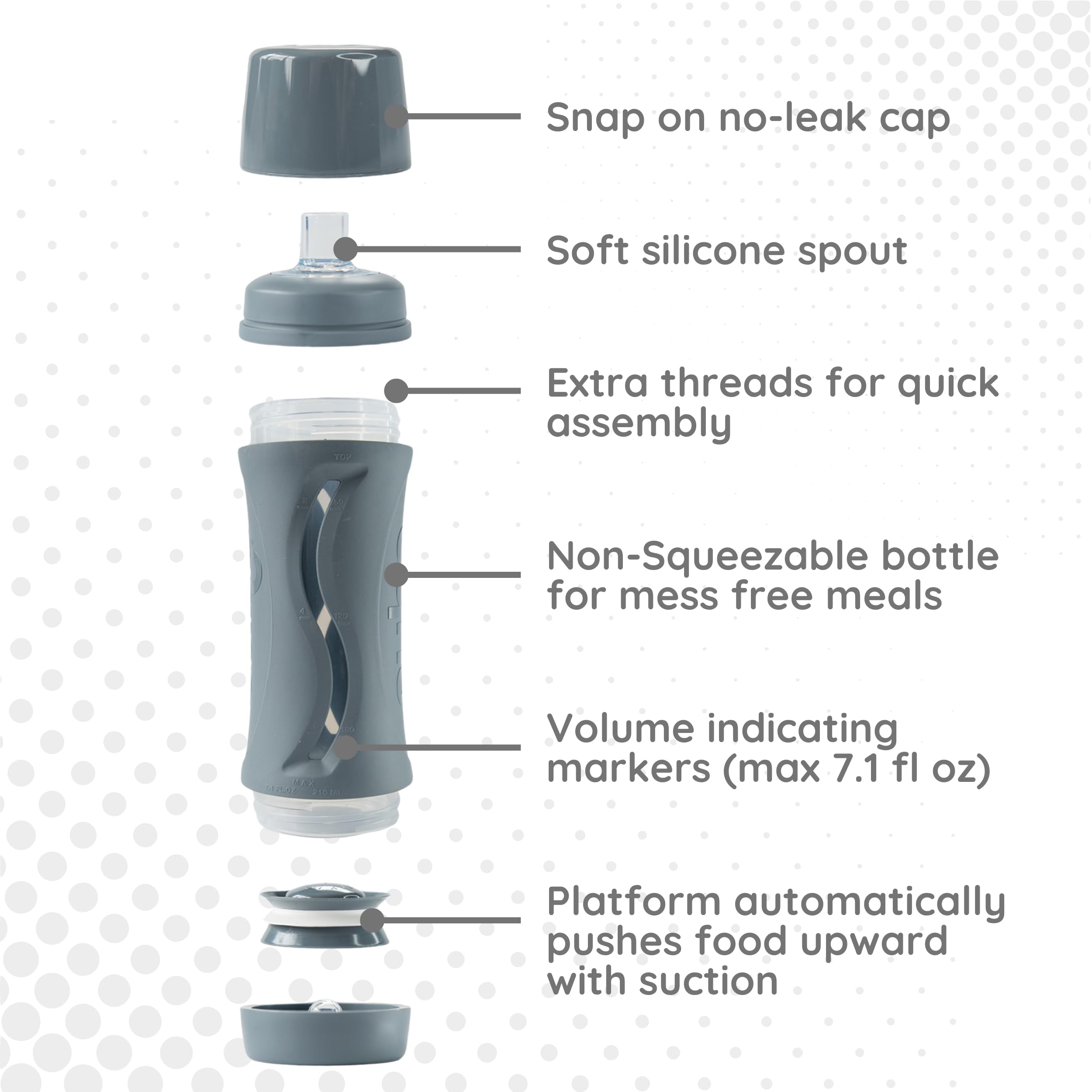 Subo bottle soft-spout provides gentle flow for early sips.