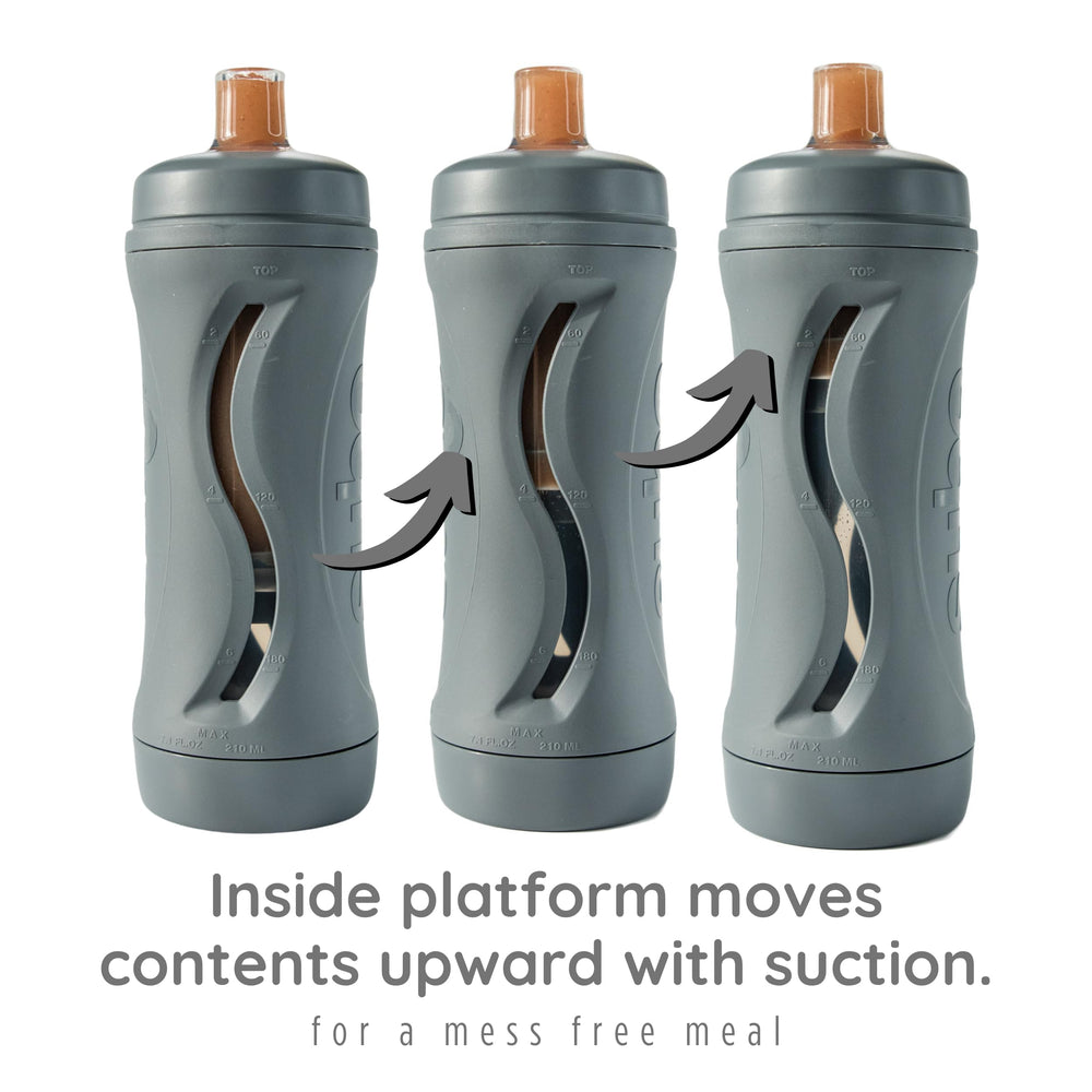 Subo bottle spout close-up, soft silicone for mess-free self-feeding.