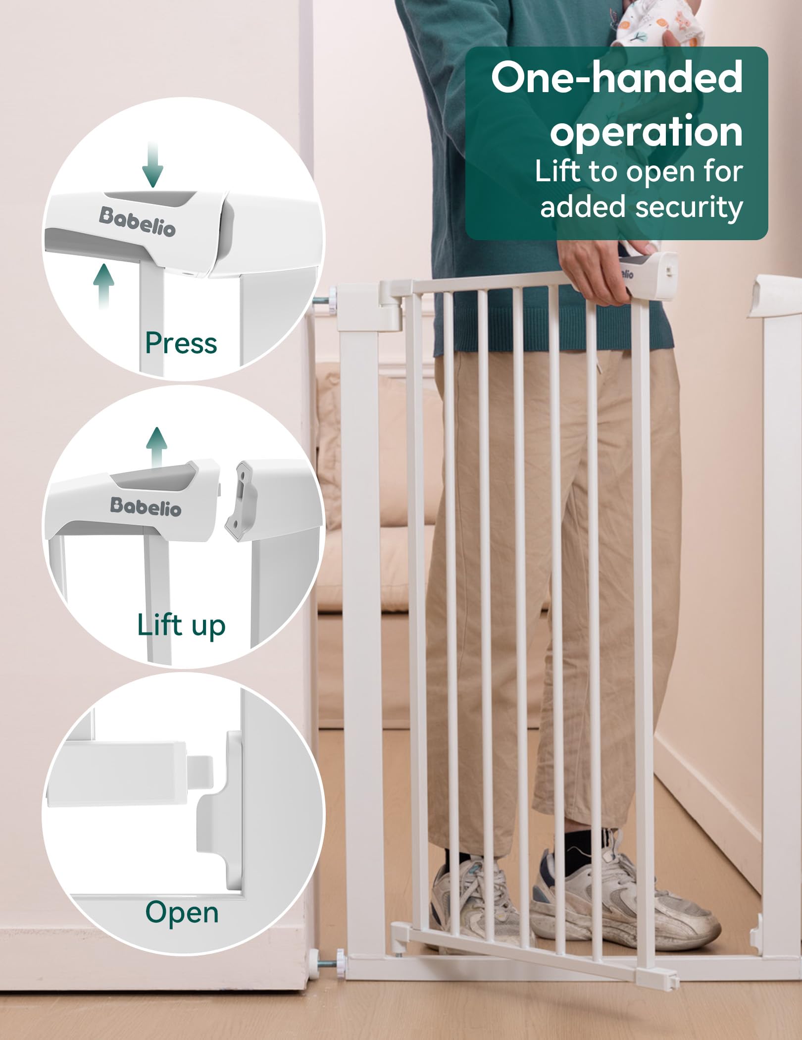 BABELIO all steel construction baby gate stands up to pet contact and daily use.