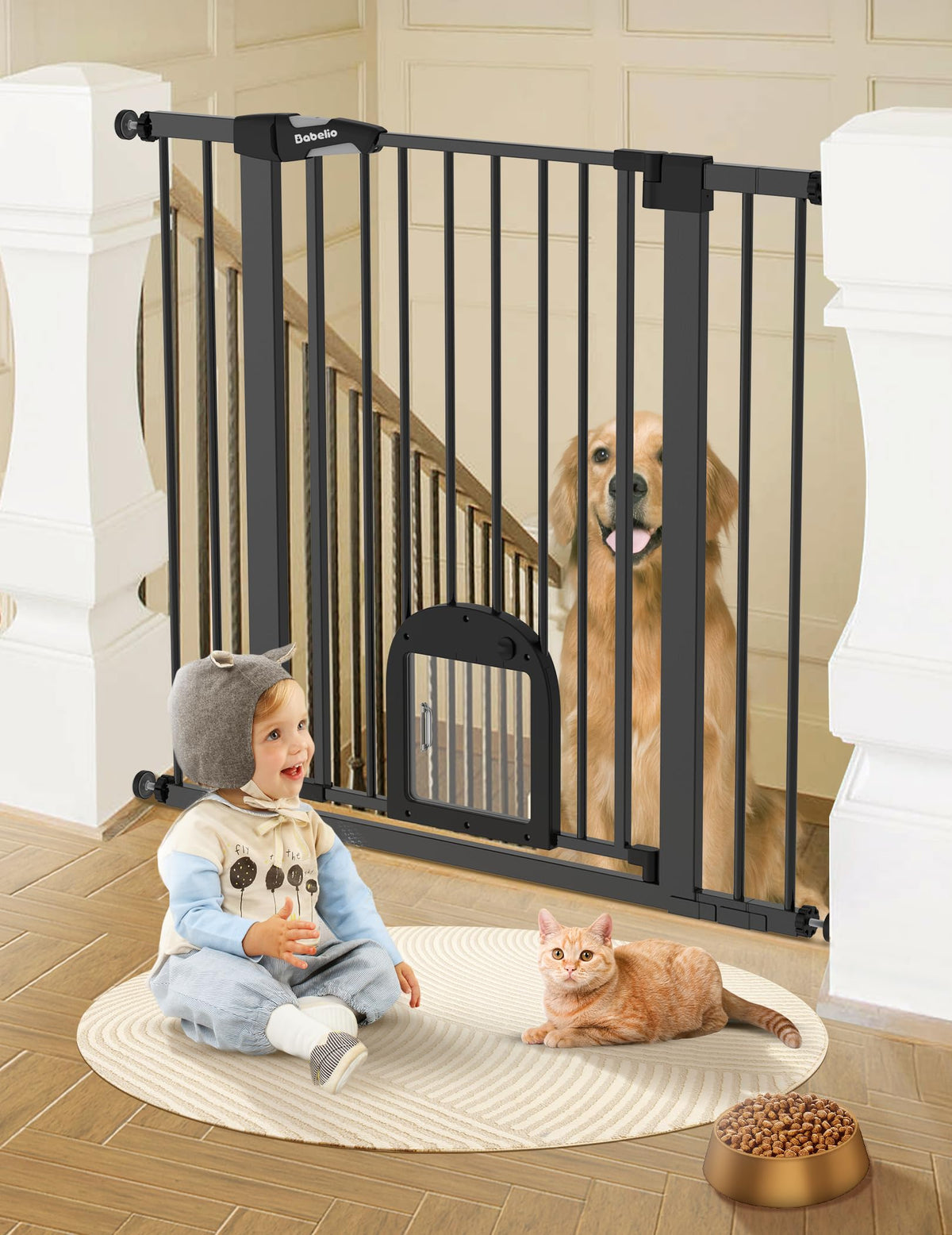 BABELIO 36in tall baby gate in closed position, enhancing stair safety.