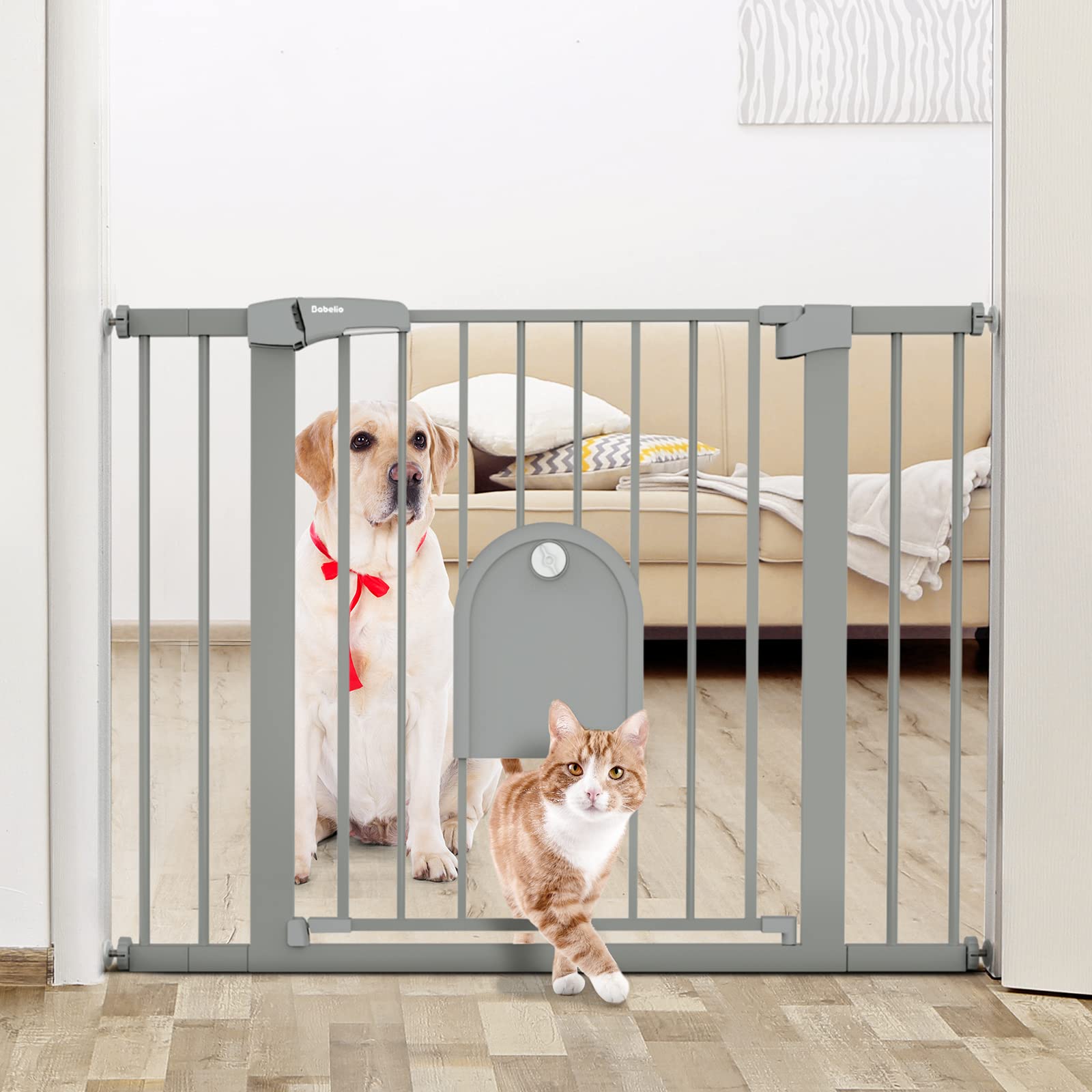 BABELIO Auto Close Baby Gate closed-state showing secure doorway barrier for pets.