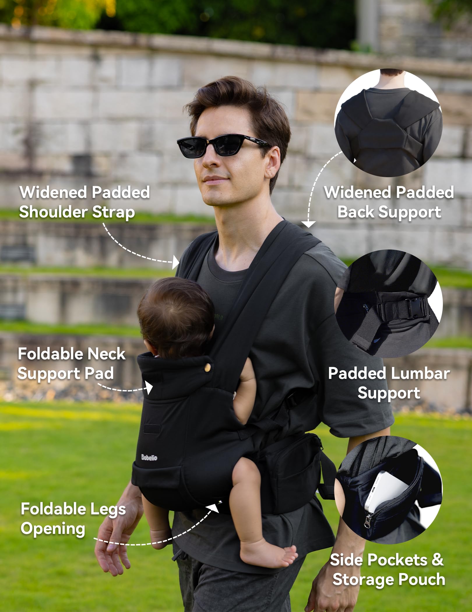 BABELIO ergonomic-hip-position demonstrates natural M-position for baby comfort.