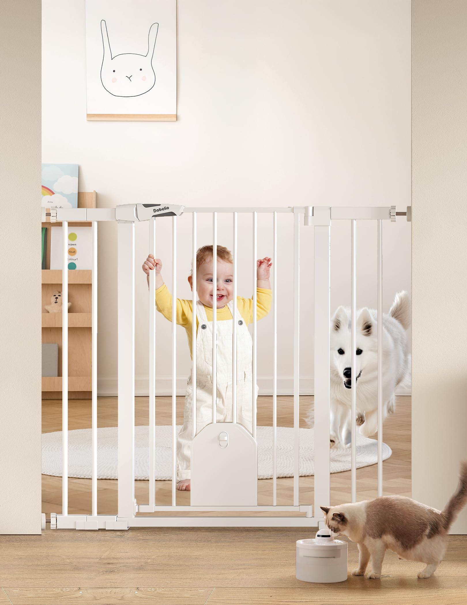 BABELIO baby gate 36-inch tall in doorway provides tall safety barrier for kids and pets.