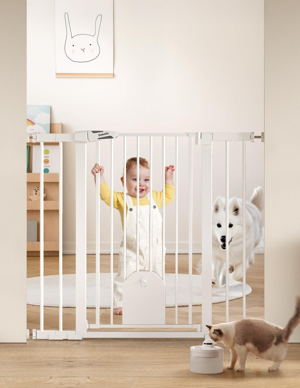 BABELIO baby gate 36-inch tall in doorway provides tall safety barrier for kids and pets.