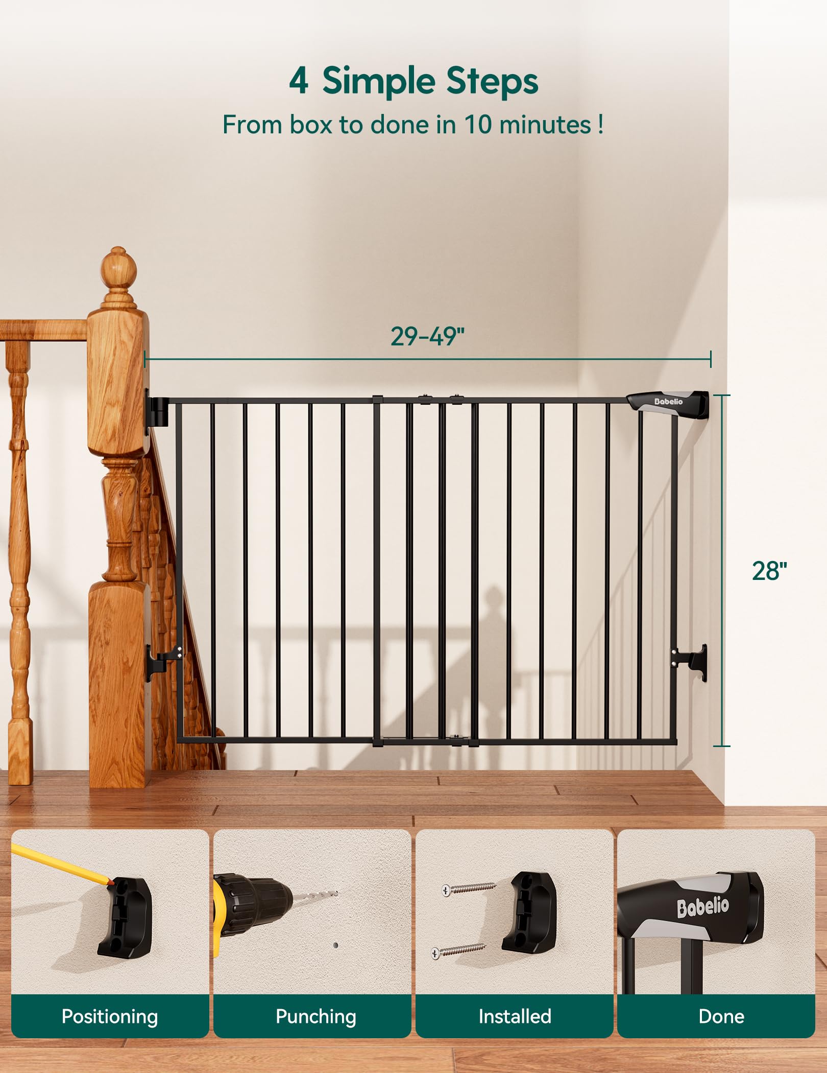 Babelio Baby Gate adjustable-width fits stairs, doorways, and hallways.