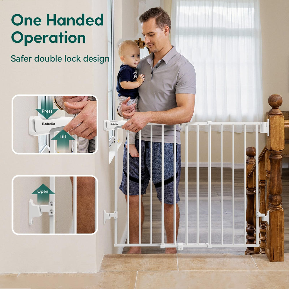 Babelio baby gate-auto close feature ensures door snaps shut after passing.