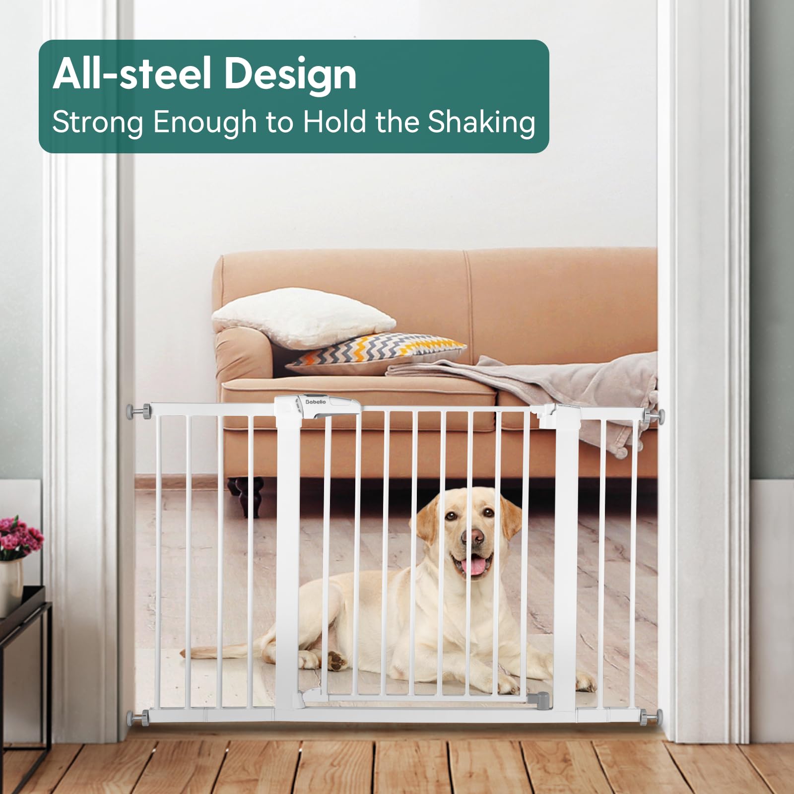BABELIO baby gate pressure-mount install kit highlights tool-free, wall-friendly setup.