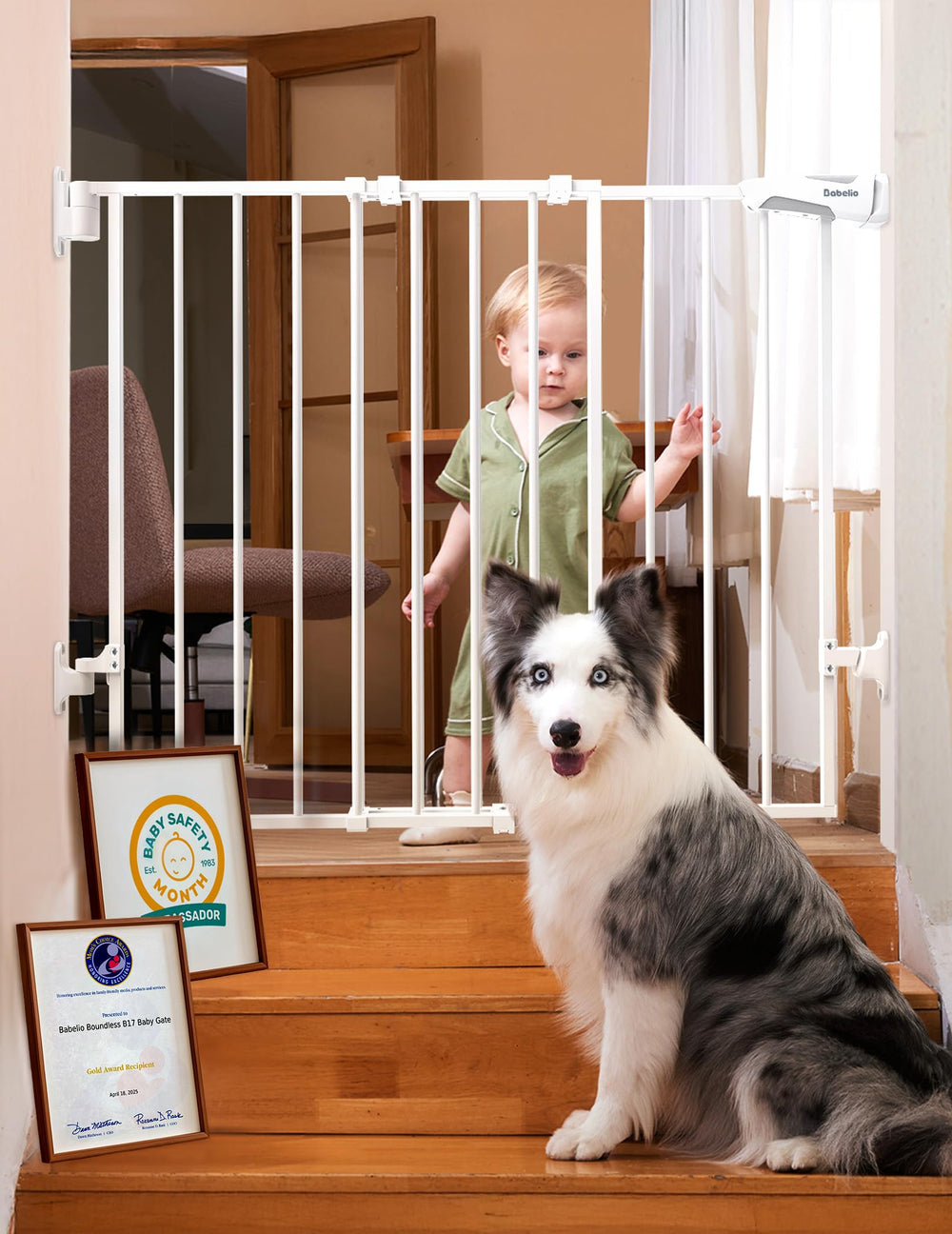 Babelio baby gate-stair adjustable width provides secure stair safety for toddlers.