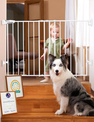 Babelio Baby Gate at stairs top installation shows secure hardware mounting for stair safety