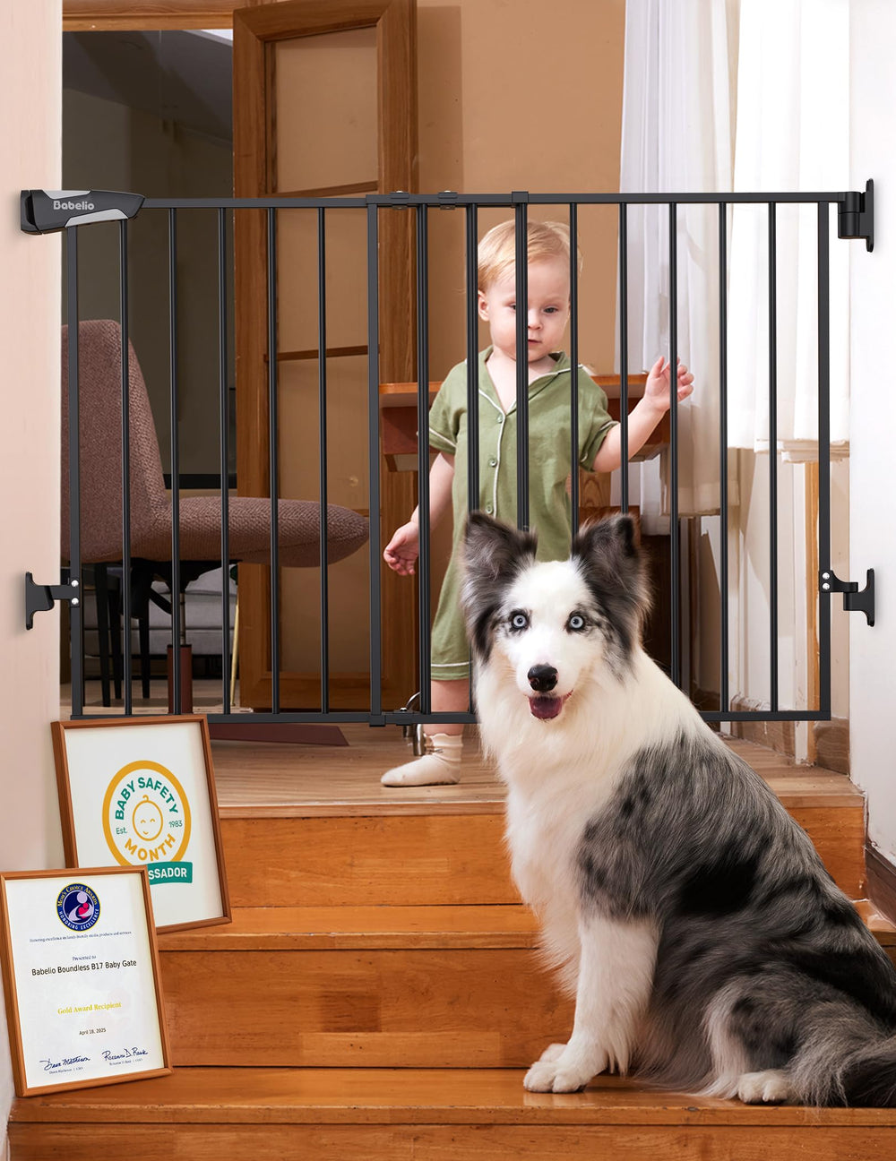 Babelio Baby Gate demonstrates secure drill-mounted top-stairs installation.