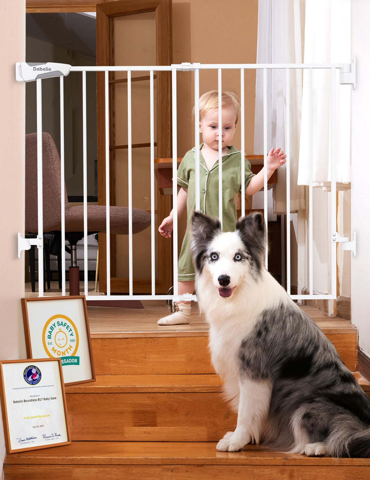 Babelio baby gate top-stairs white demonstrates sturdy hardware mount for stair safety.