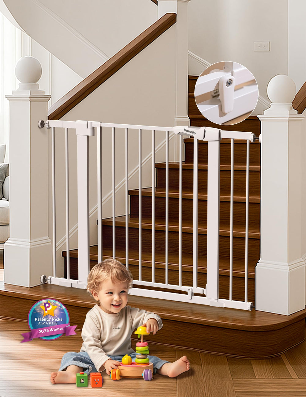 Babelio baby gate wide opening demonstrates adjustable fit for stairs and doorways.