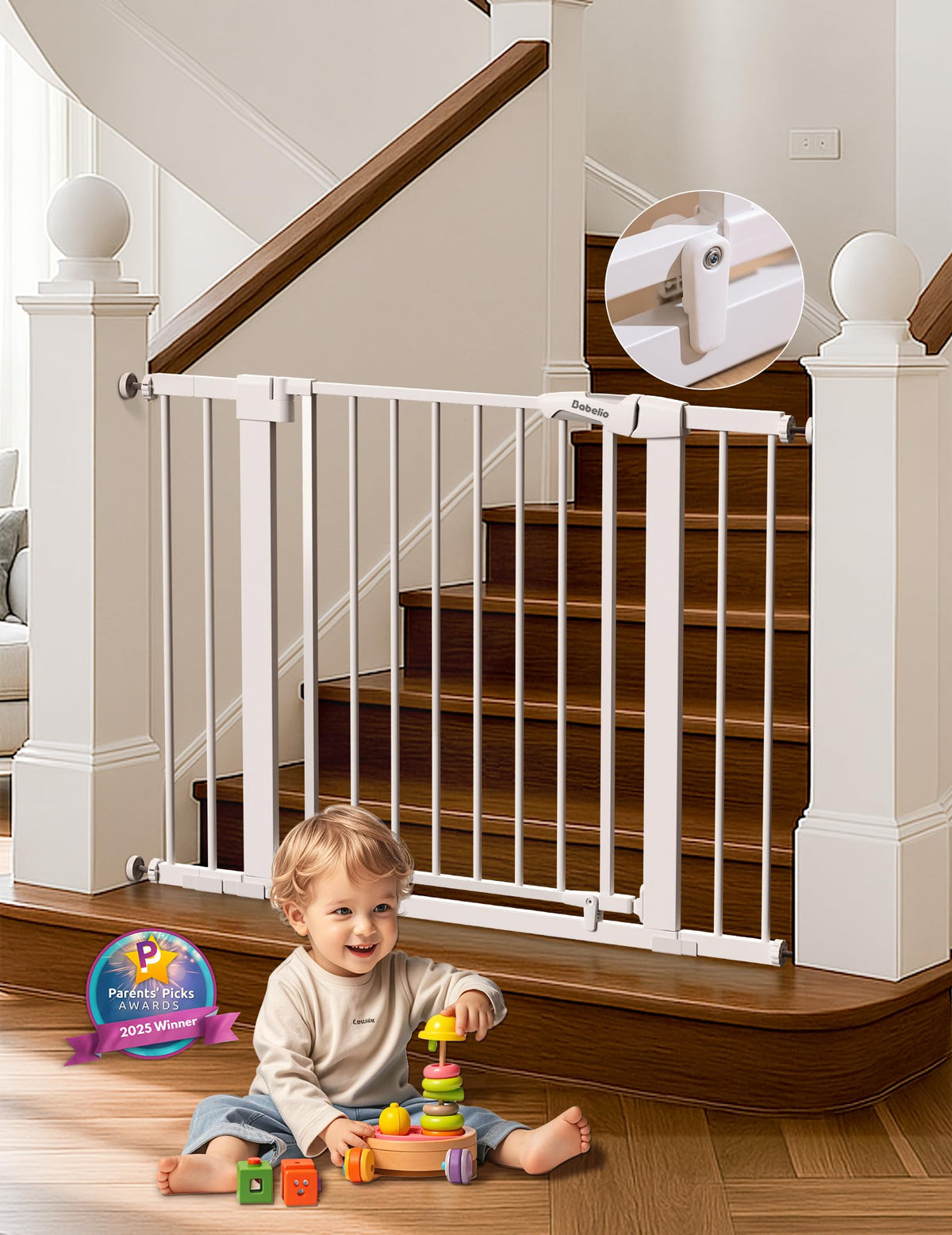 Babelio baby gate wide opening demonstrates adjustable fit for stairs and doorways.
