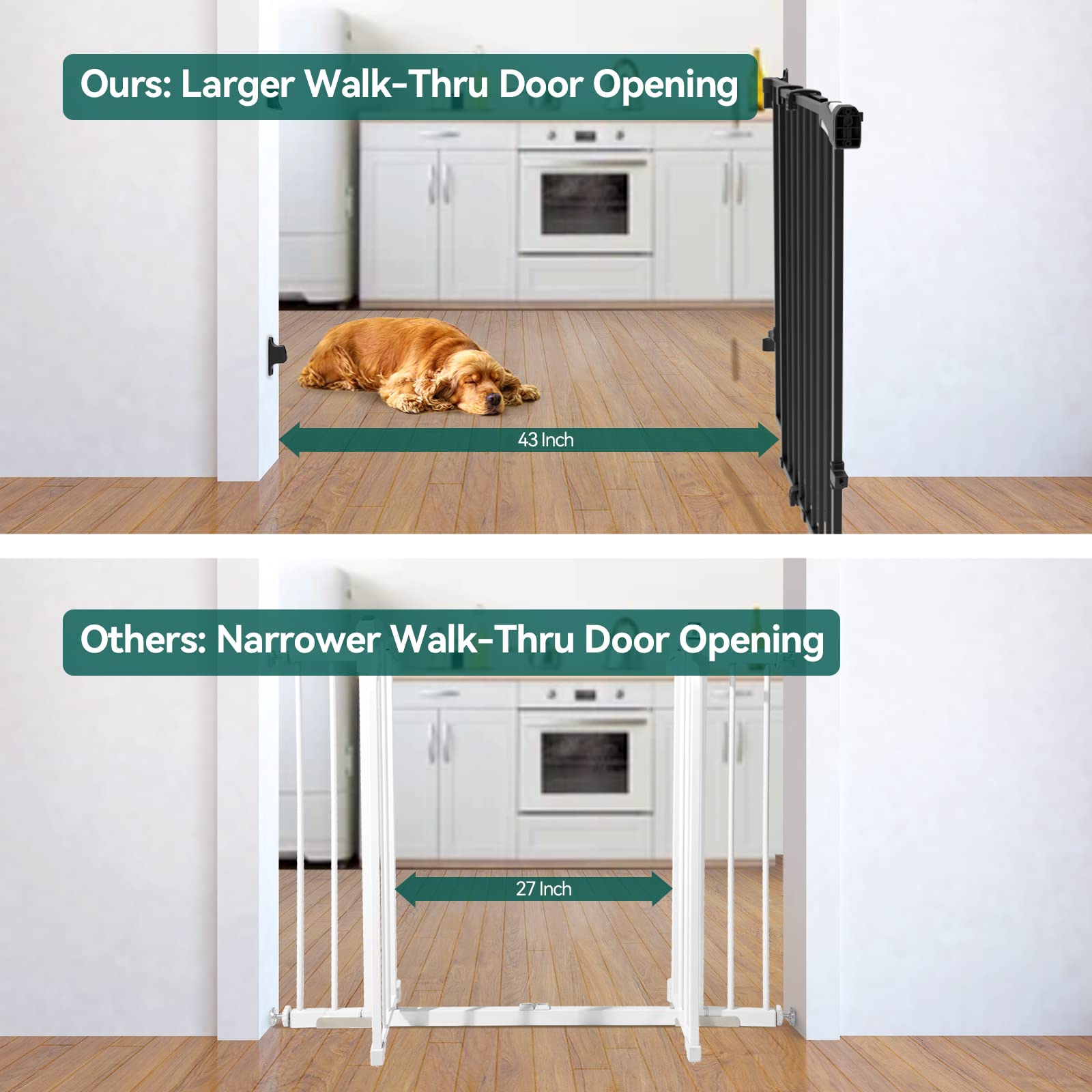 BABELIO gate shows wide walk-through with sill-free design for easy hallway passage.