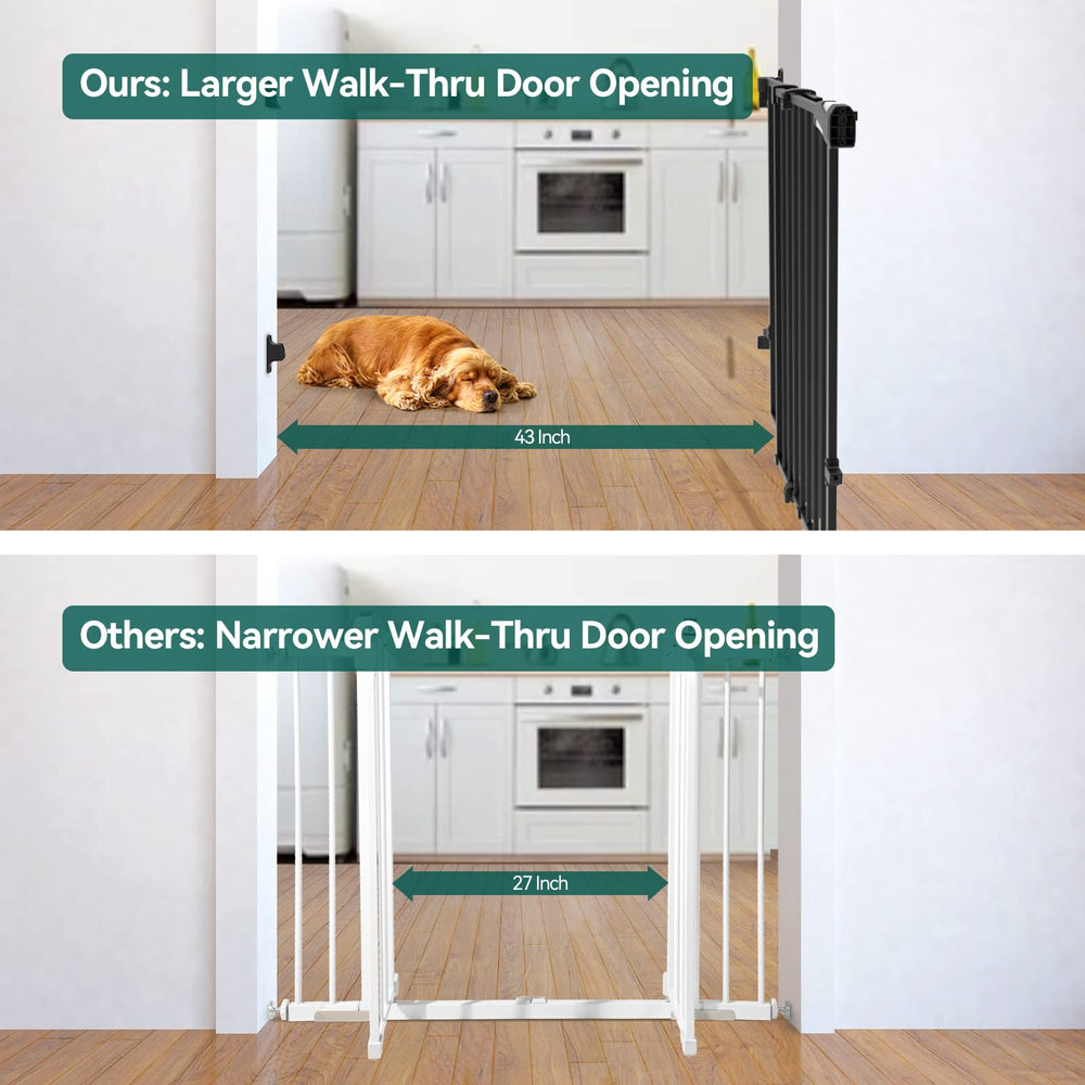 BABELIO gate shows wide walk-through with sill-free design for easy hallway passage.