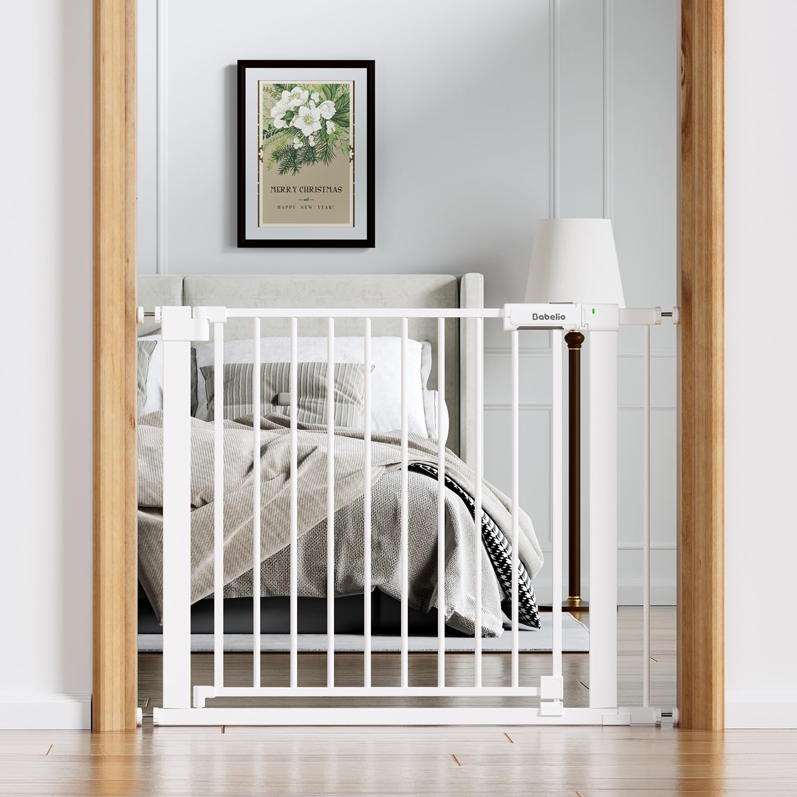 BABELIO Baby Gate wide walk-through door for easy stroller passage.