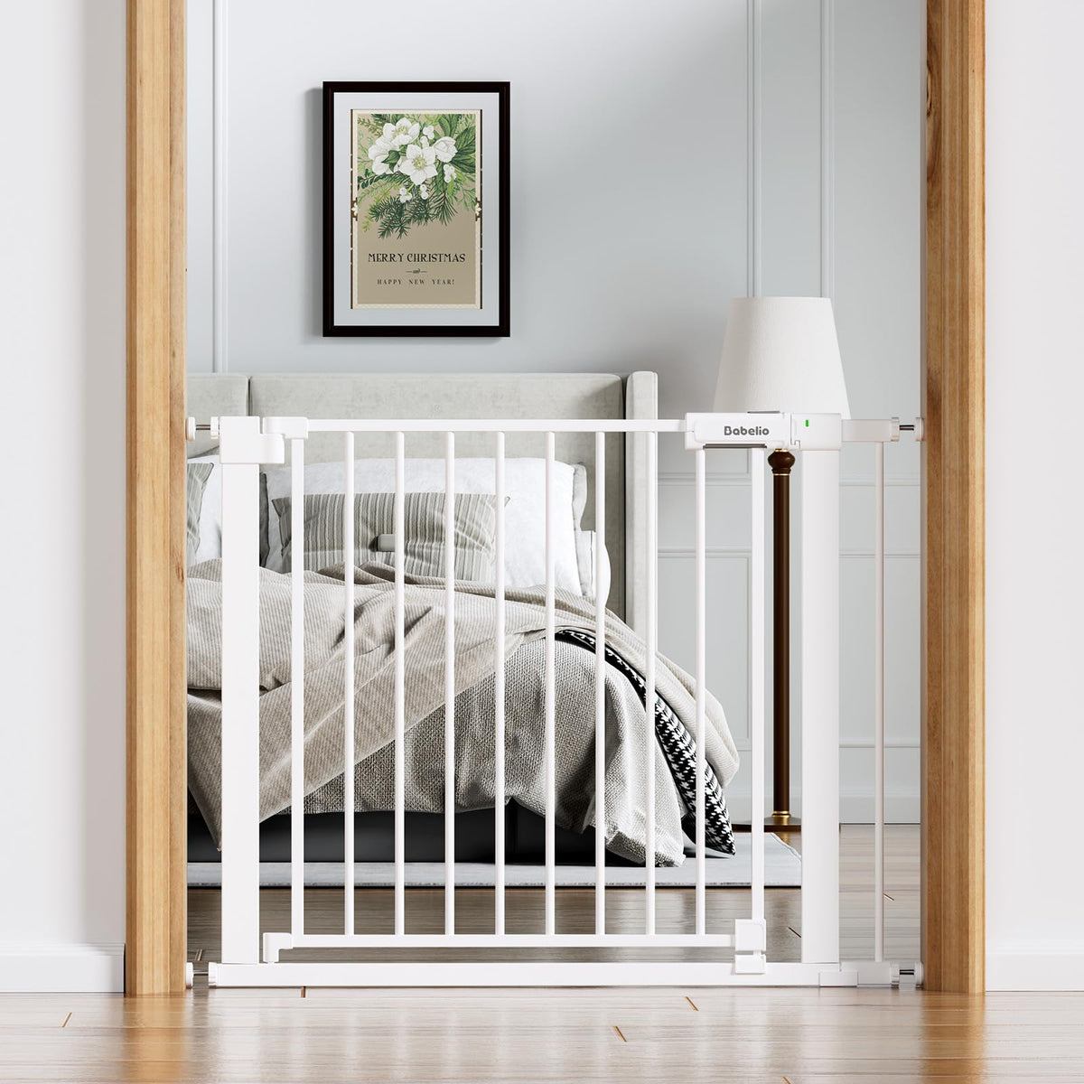 BABELIO Baby Gate wide walk-through door for easy stroller passage.