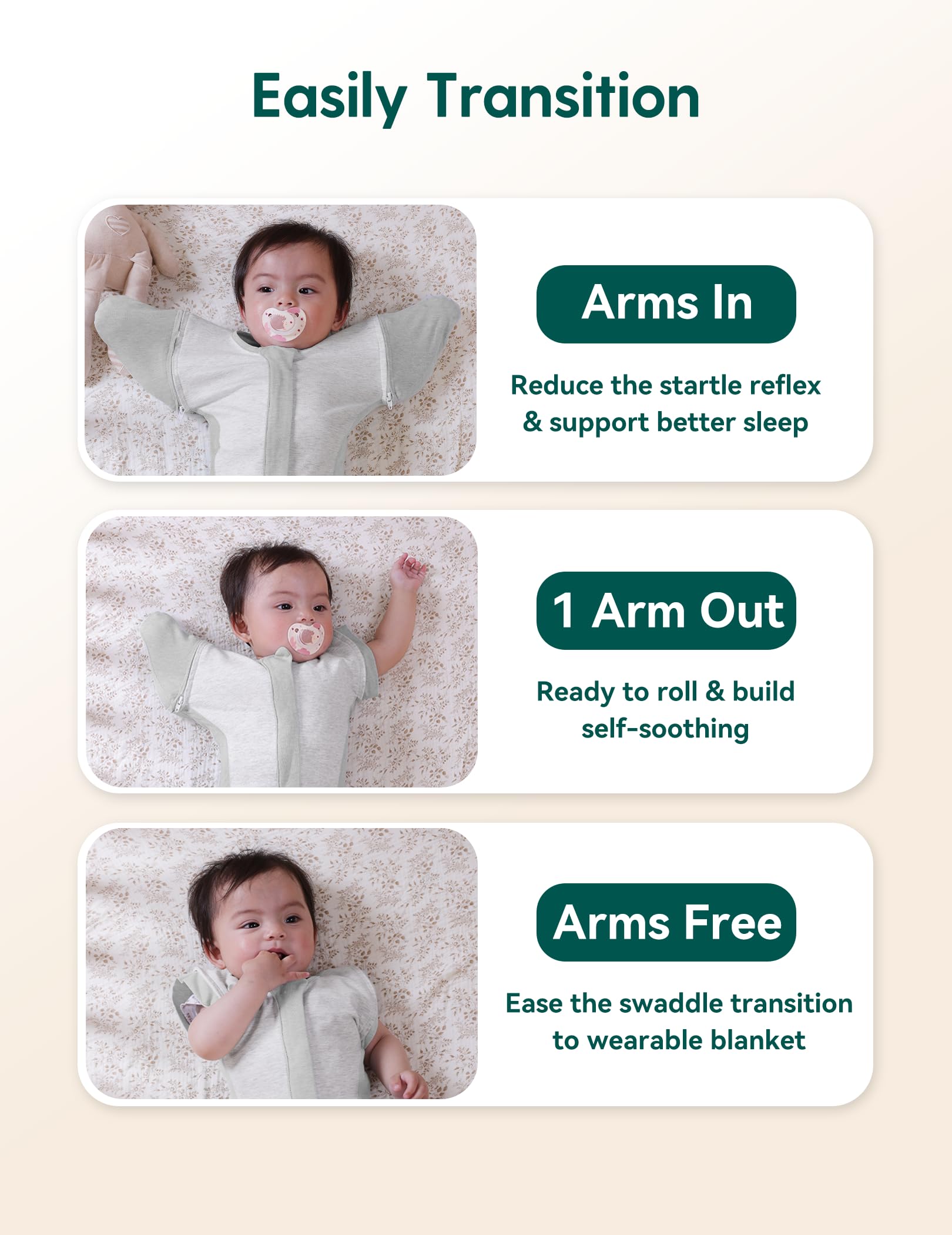 BABELIO swaddle demonstrates detachable sleeves for transition to arms-up sleep