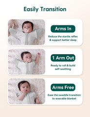 BABELIO swaddle demonstrates detachable sleeves for transition to arms-up sleep
