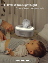 BABELIO wipe warmer holds up to 80 wipes for quick changes.