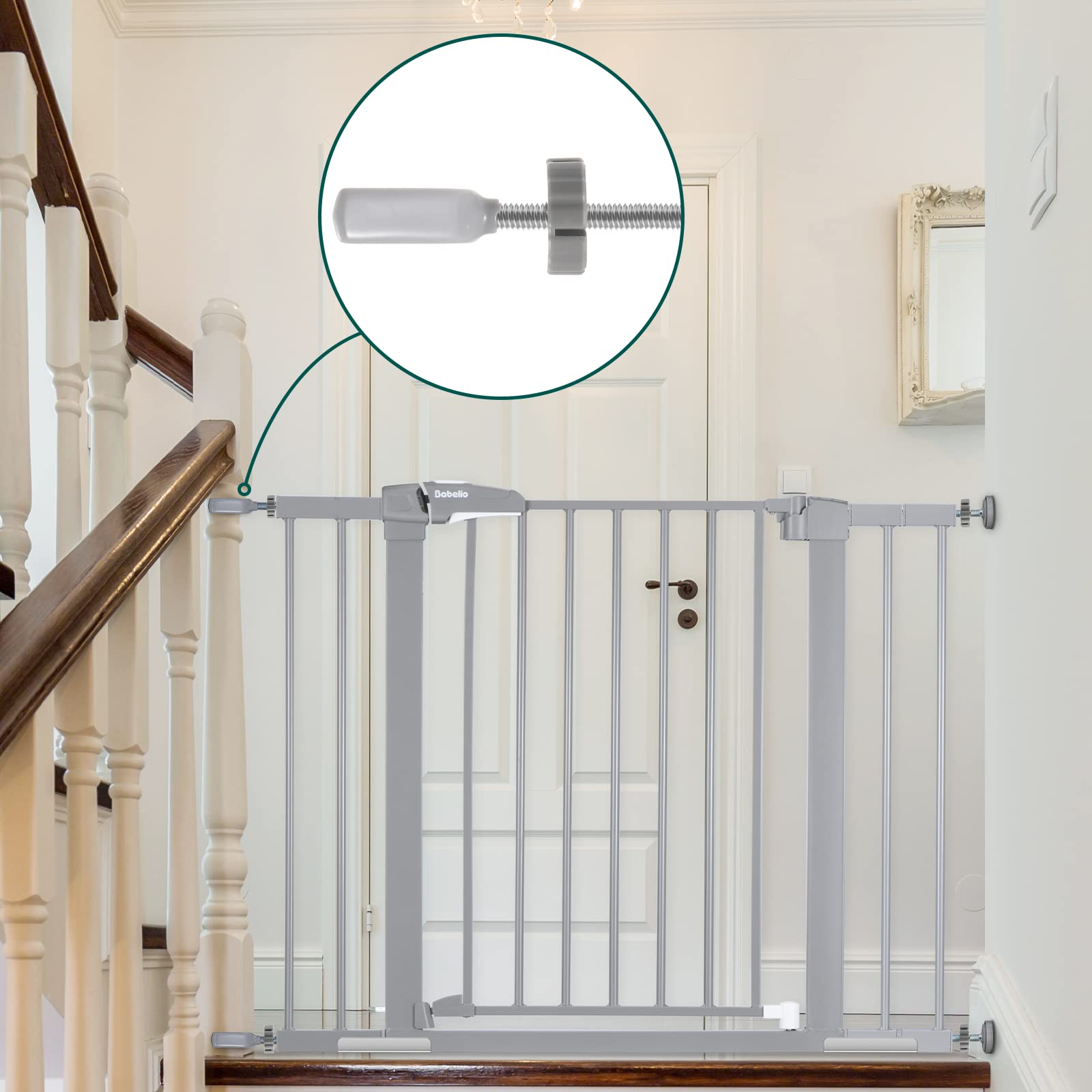 Babelio banister adapter installation demonstrates pressure-mounted gate compatibility with stairs.