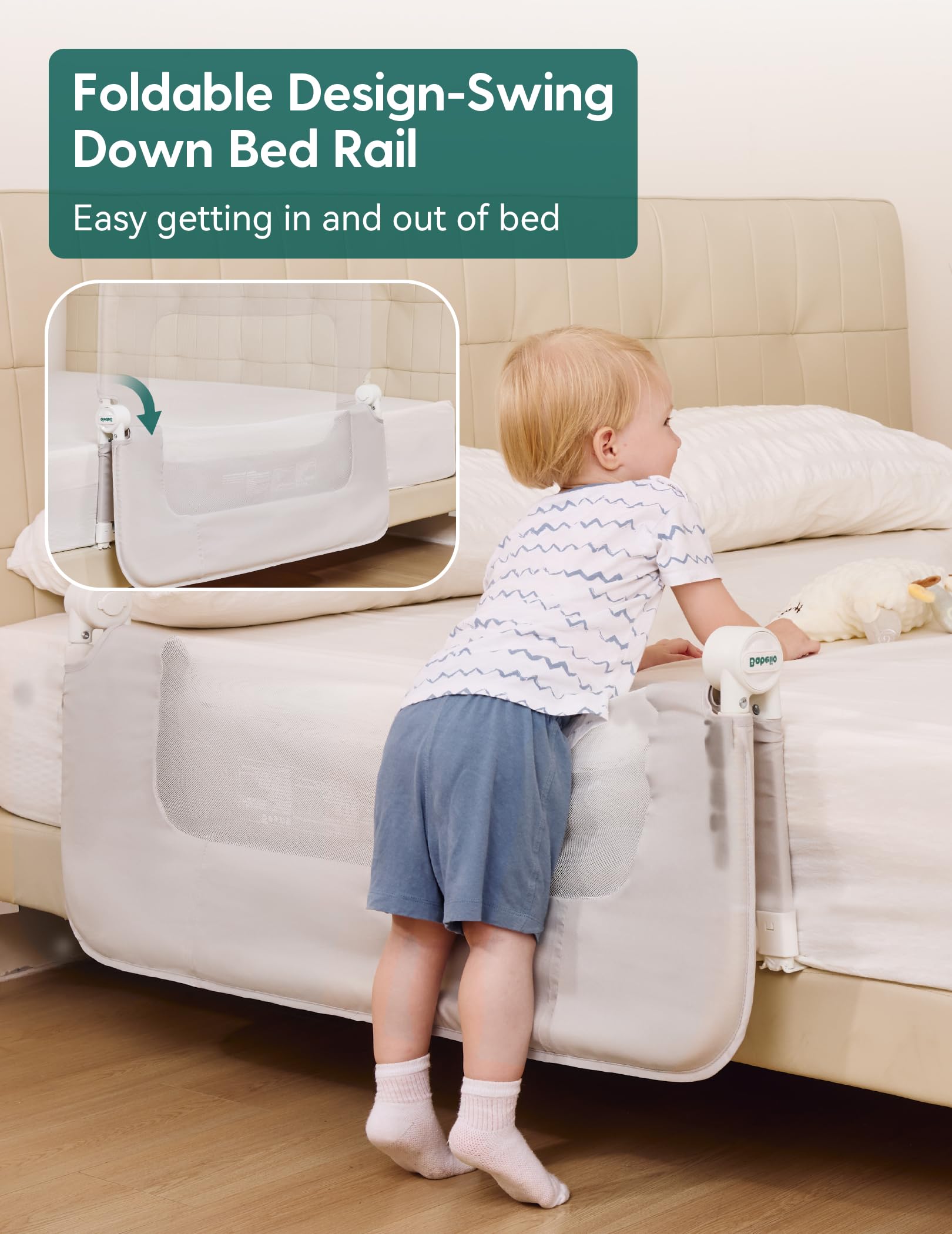 BABELIO Bed Rail fold-down design enables easy bedtime entry and exit.