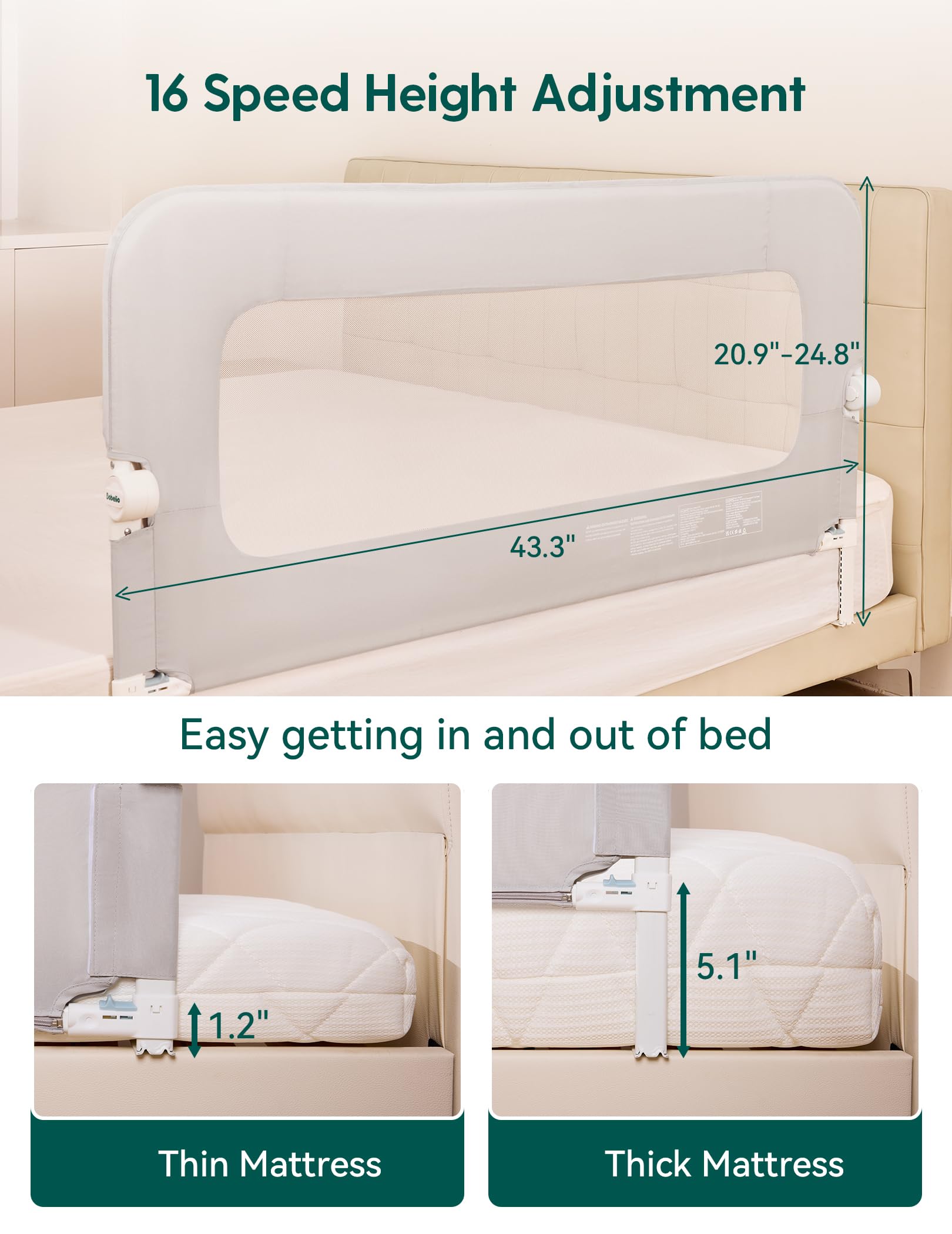 BABELIO bed rail foldable guard enables easy nighttime access and space saving.