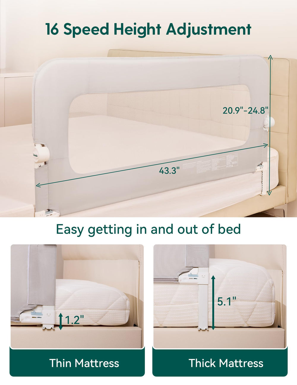 BABELIO bed rail foldable guard enables easy nighttime access and space saving.
