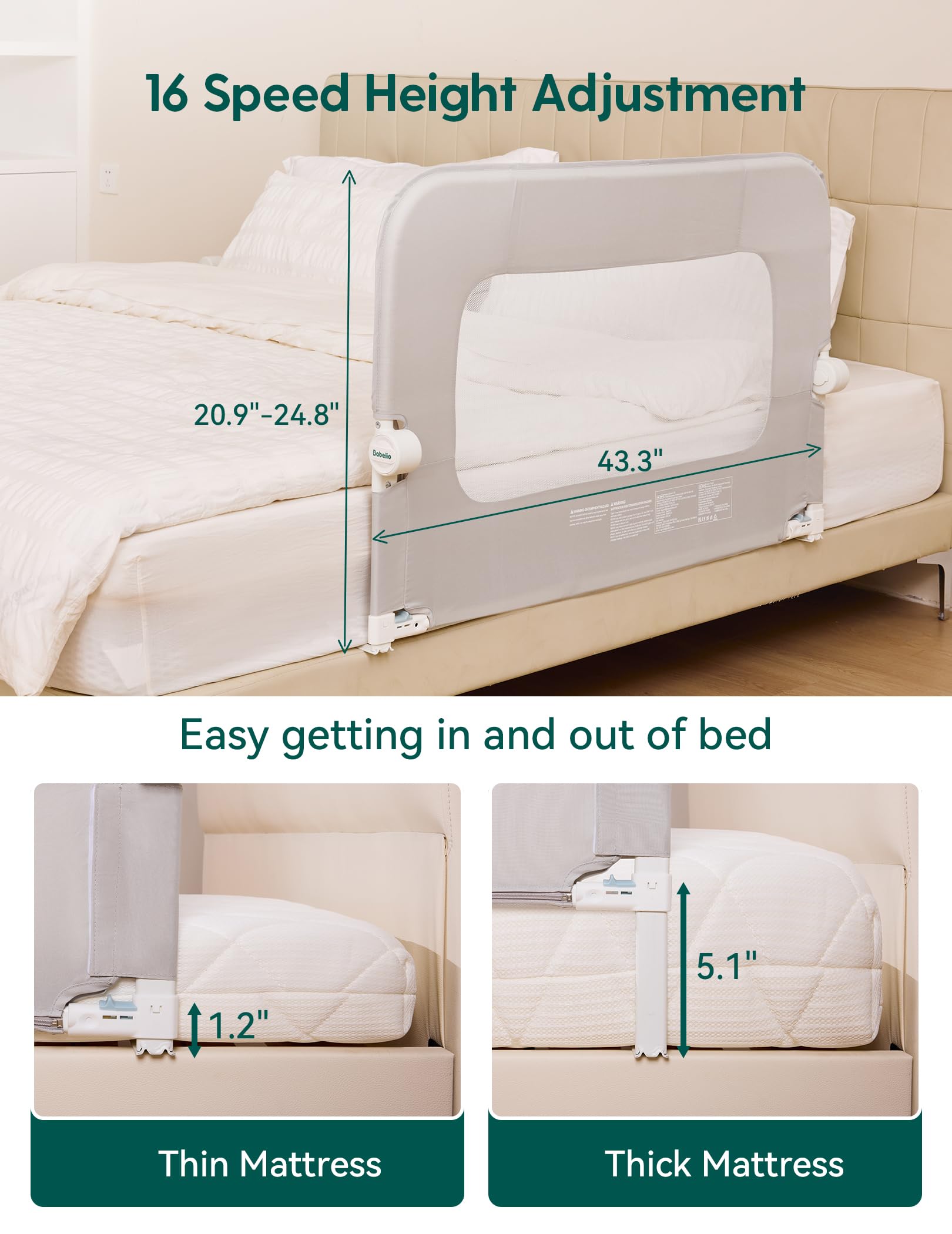 BABELIO Bed Rail height adjustment accommodates different mattress thicknesses and bed types.