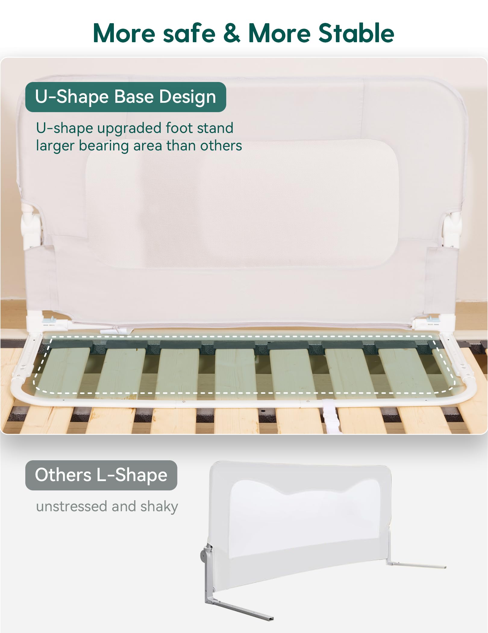 BABELIO Bed Rail wide U-shaped base adds stability and reduces tipping.