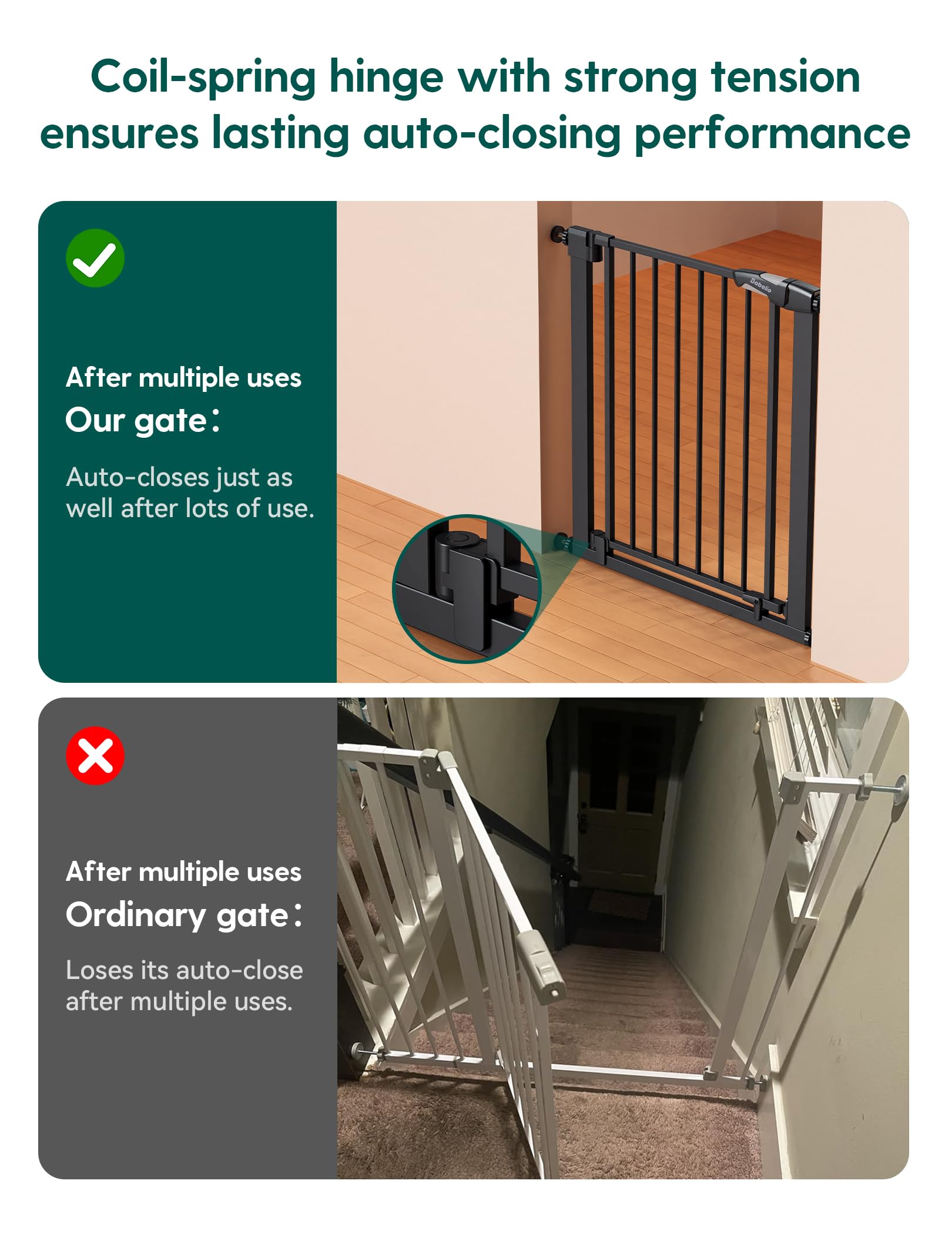 Babelio bottom baffles prevent gate swing on stairs and block gaps.