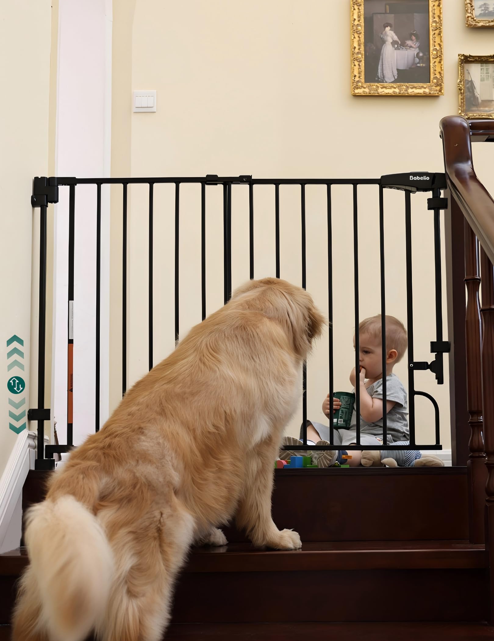 Babelio boundless gate assembly on stairs showing no bottom bar for safer passage.