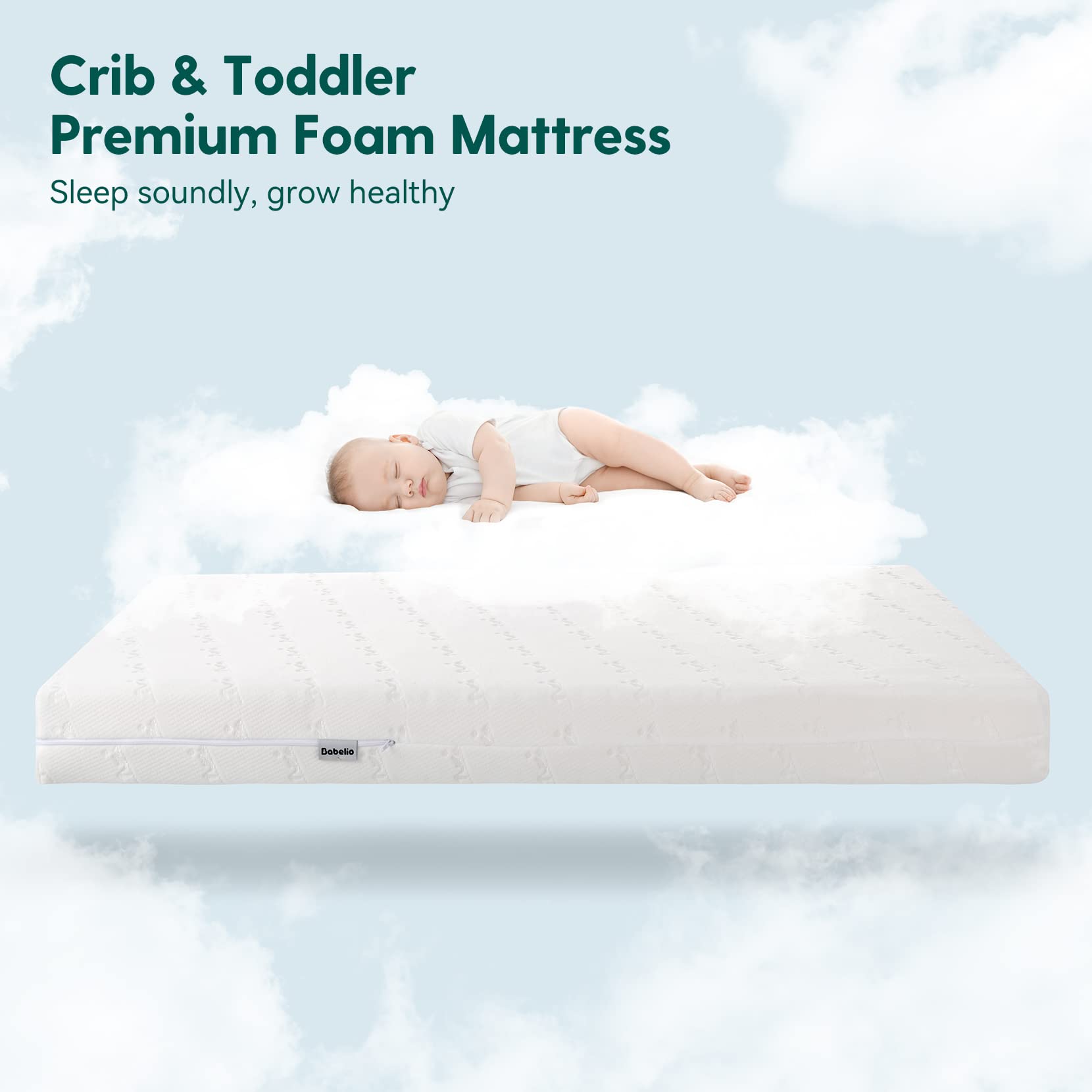 BABELIO dual-sided design supports infants with firmer feel and toddlers with memory foam comfort.