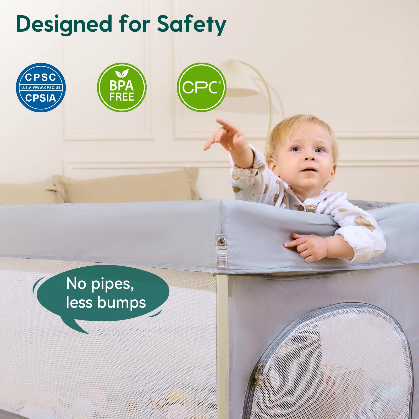 BABELIO Foldable Playpen 46x46 area creates spacious yet space friendly play