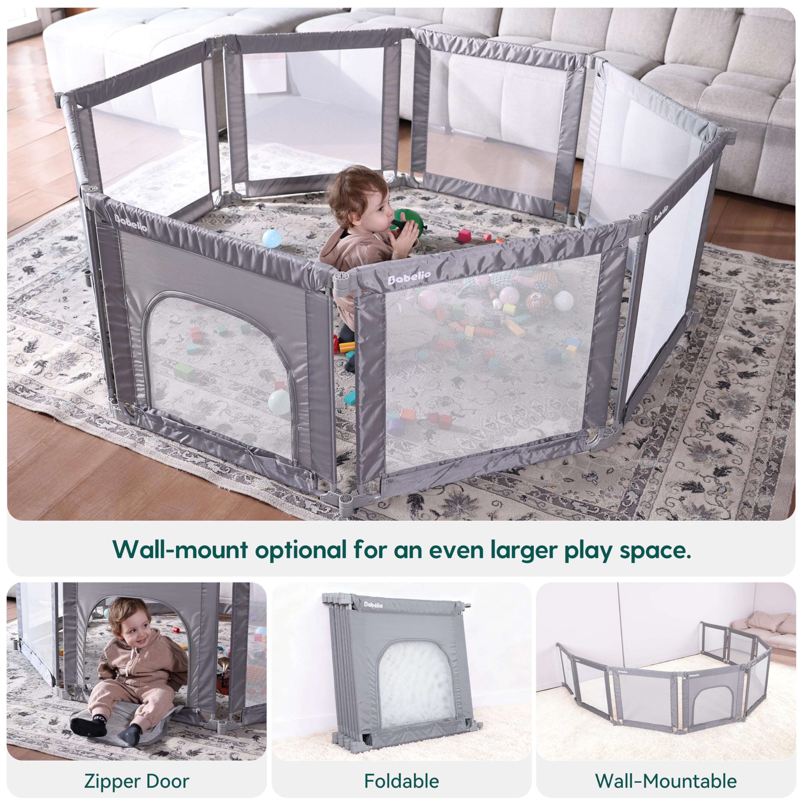 BABELIO Foldable Playpen eight-sides design provides expansive play area for babies.