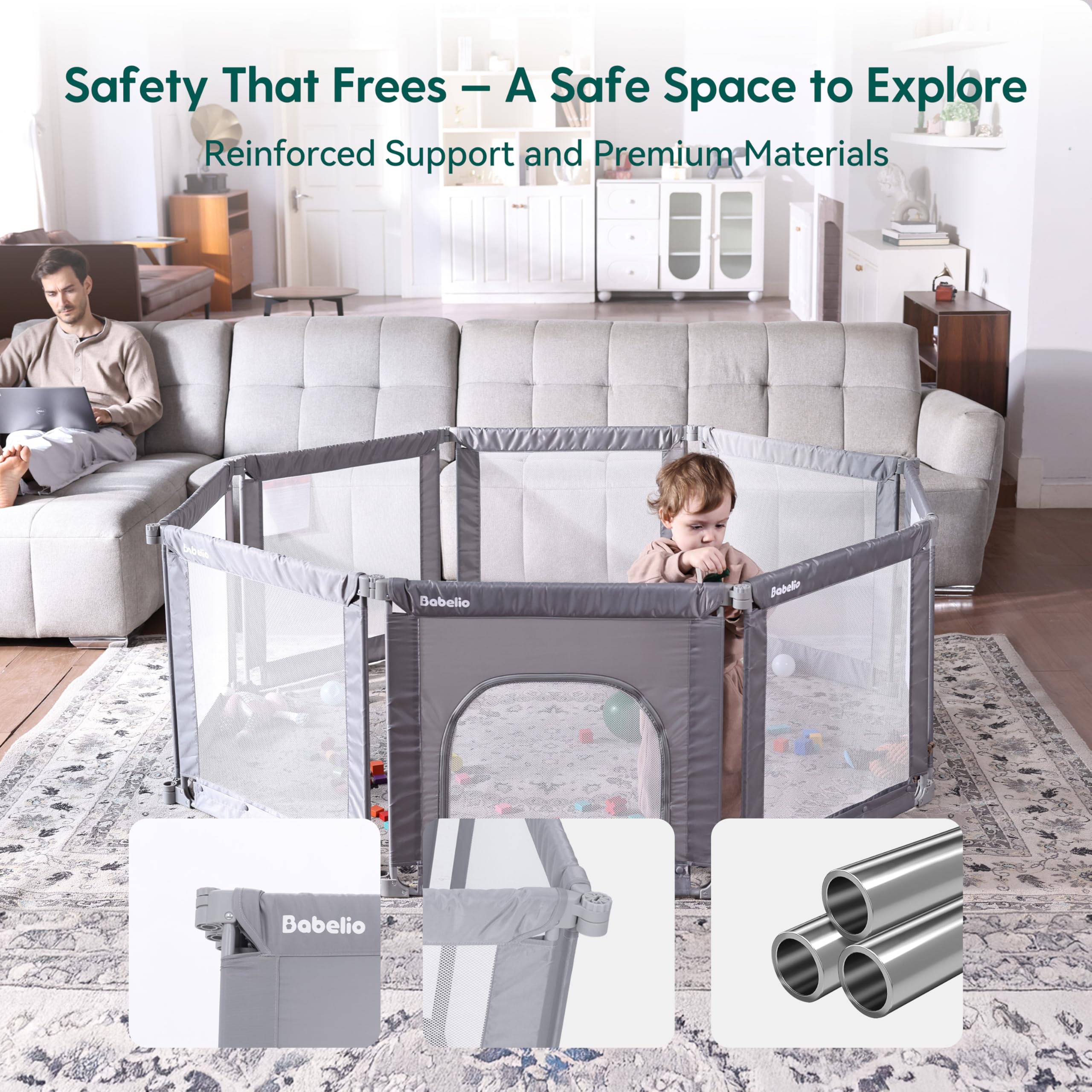 BABELIO Foldable Playpen easy-fold design supports travel and quick storage.