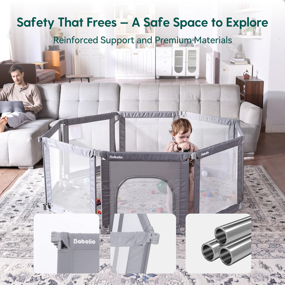 BABELIO Foldable Playpen easy-fold design supports travel and quick storage.