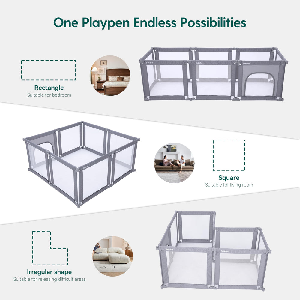 BABELIO Foldable Playpen sturdy frame emphasizes safety with multi-point supports.